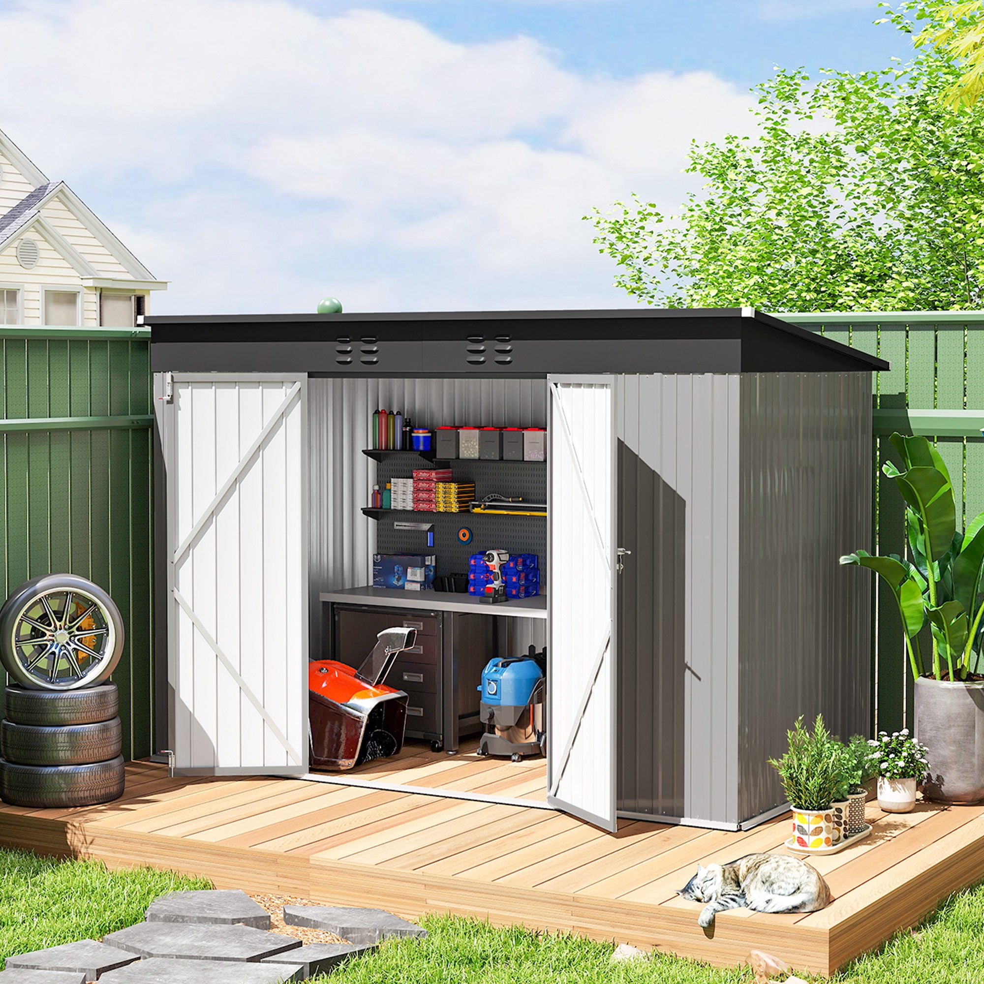 9' x 4' Galvanized Steel Garden Storage Shed with Lockable Doors, Gloves and 2 Air Vents for Backyard, Patio, Lawn