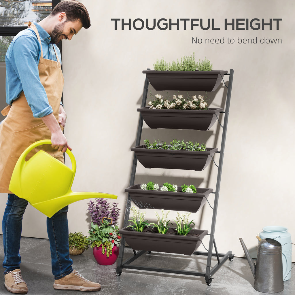 5-Tier Vertical Raised Garden Planter with 5 Boxes, Wheels, Outdoor Plant Stand for Vegetable Flowers, Brown
