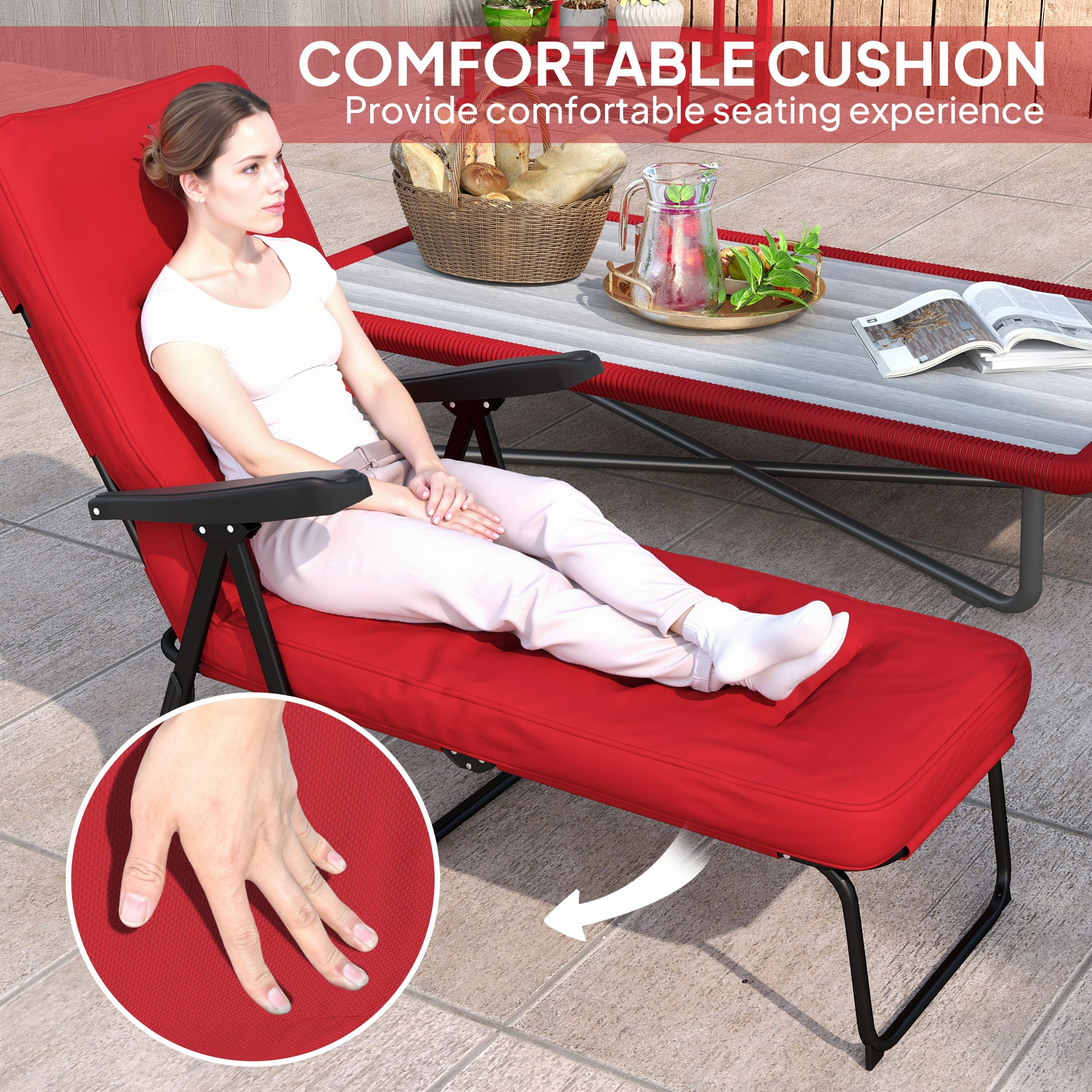 Folding Outdoor Lounge Chair with Cushion, Adjustable Backrest, Reclining Patio Garden Chair with Footrest, Wine Red