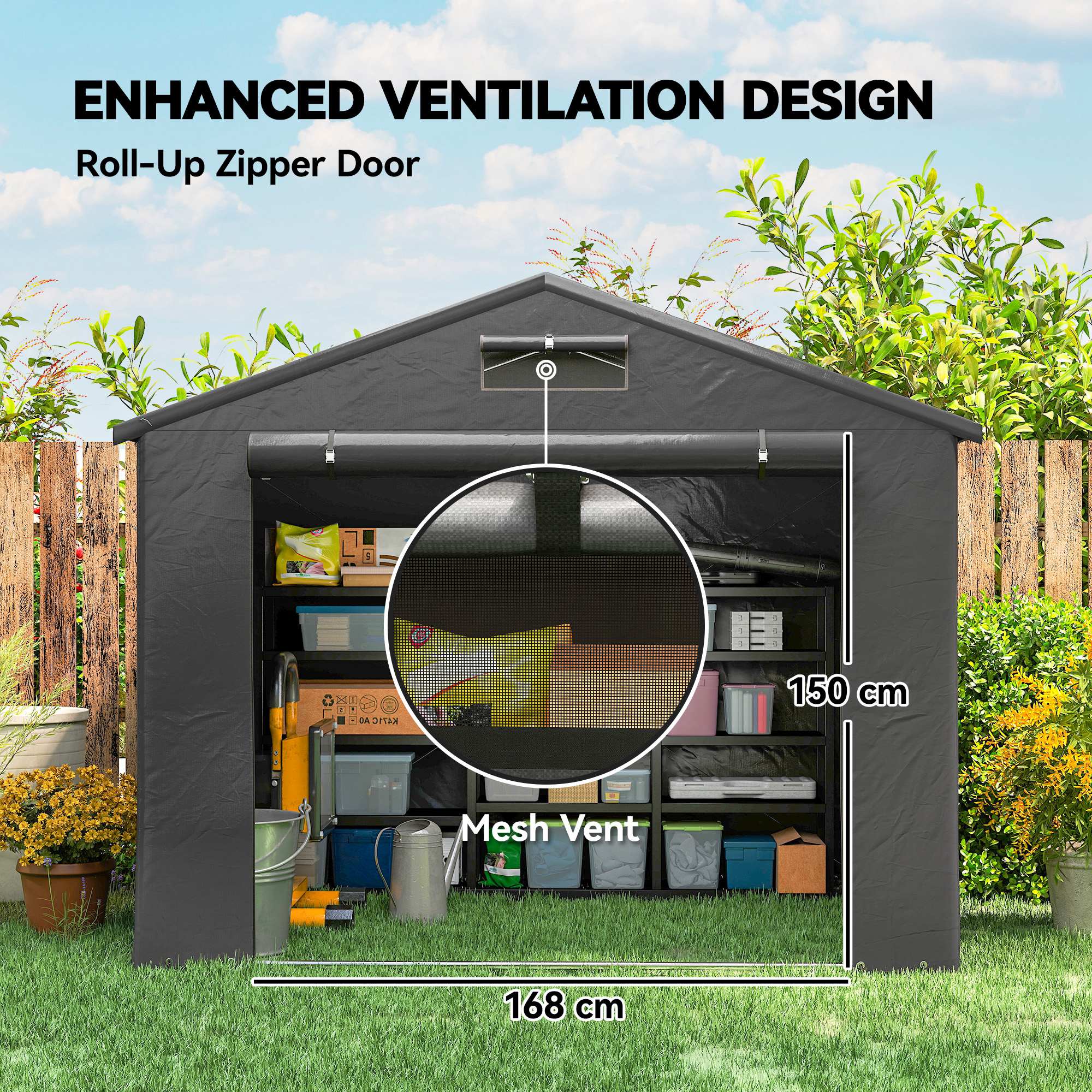 8' x 6' Portable Shed, Waterproof Bike Tent with Roll-up Zipper Door, Vent and Galvanised Metal Frame, Dark Grey