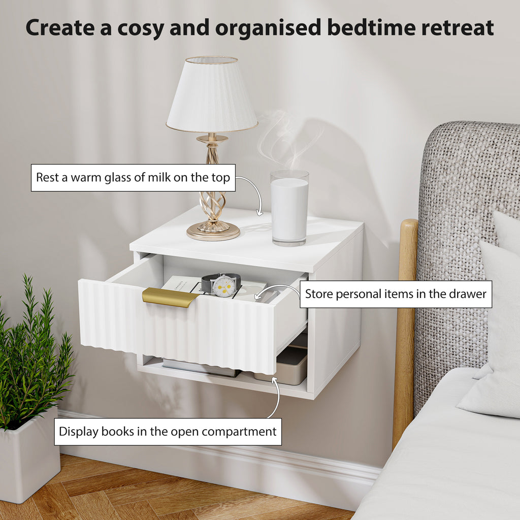 Floating Nightstands, Wall Mounted Bedside Tables Set of 2 with Drawer and Open Shelf, White