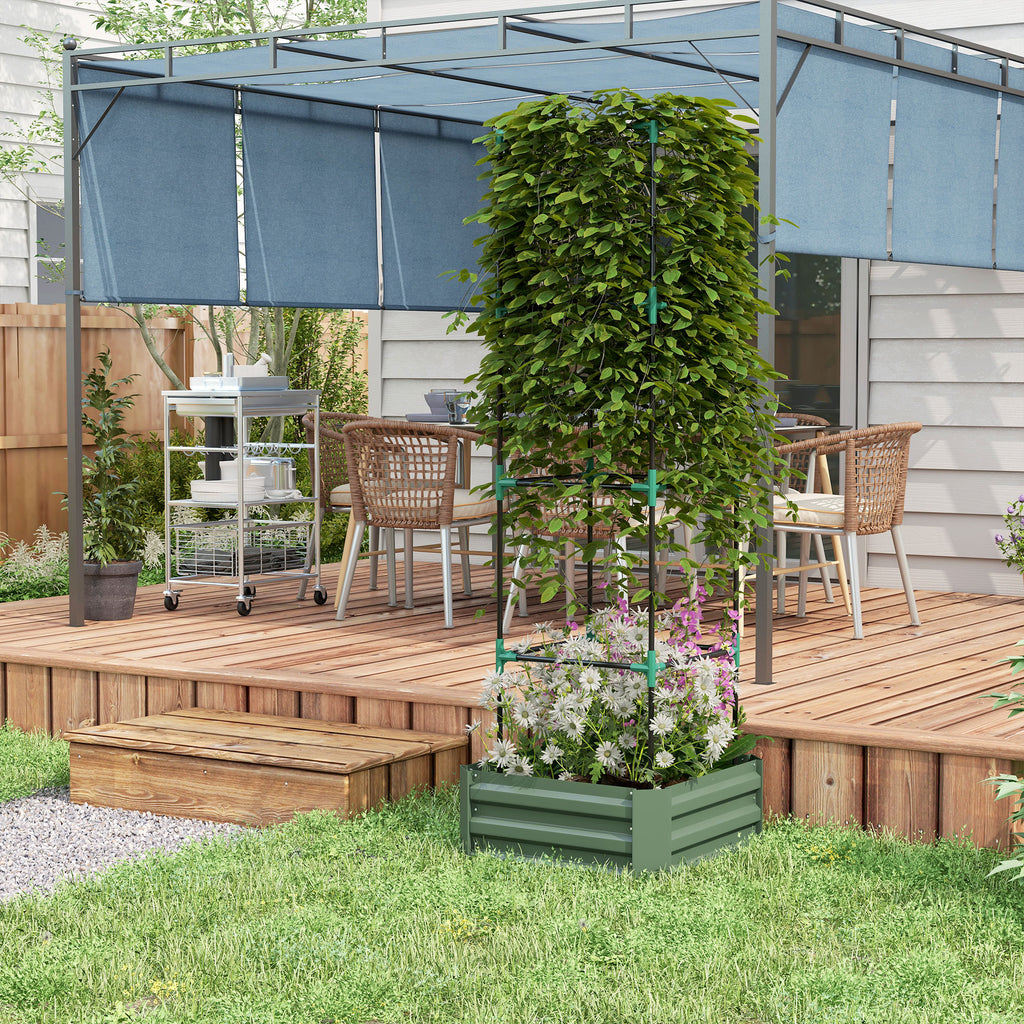 Galvanized Planter Box, Outdoor Raised Garden Bed with 4-Tier Trellis Tomato Cage for Climbing Vines, Vegetables, Green