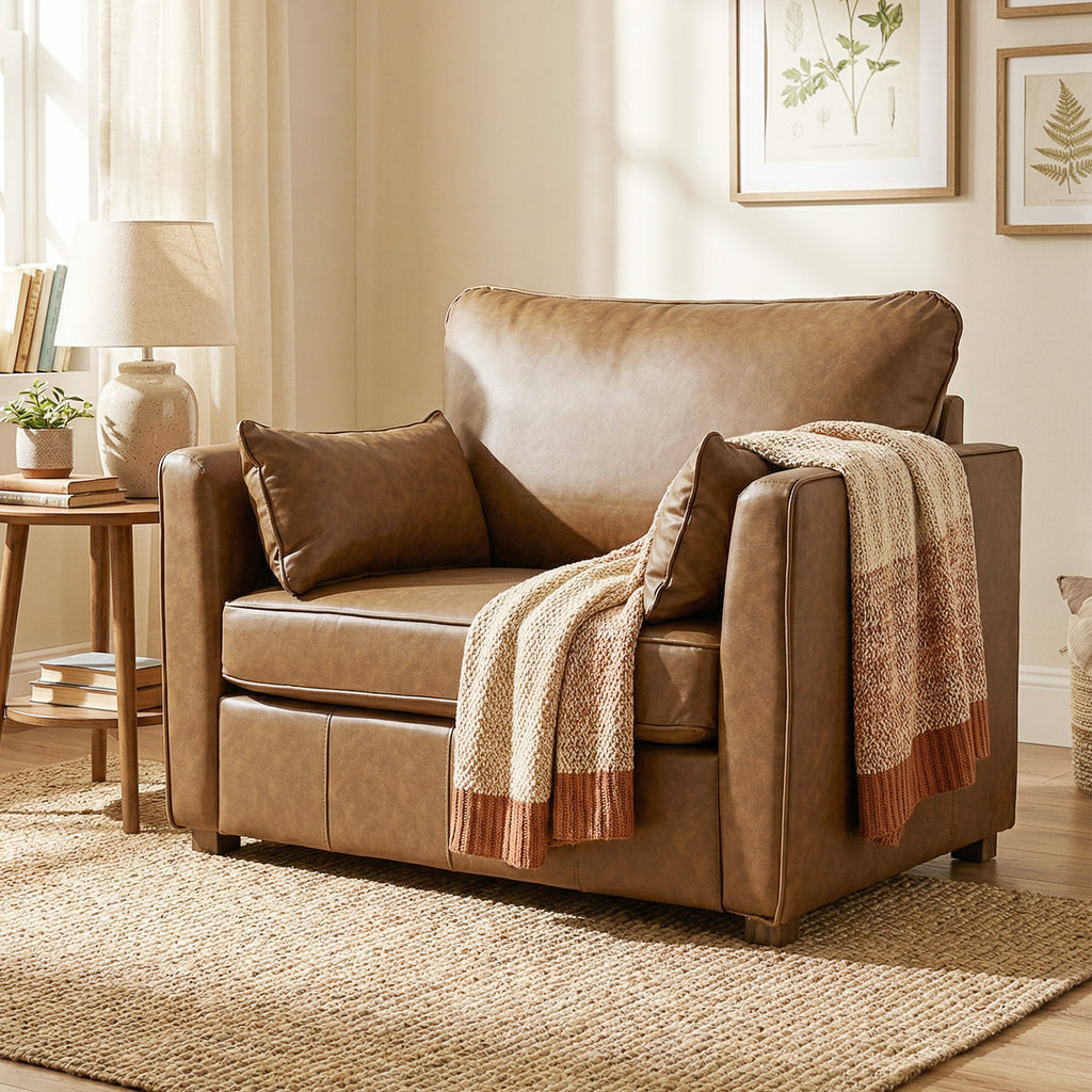 Accent Chair, PU Leather Armchair with Wide Seat, Spring Cushion, Rubberwood legs, 2 Pillows, Brown