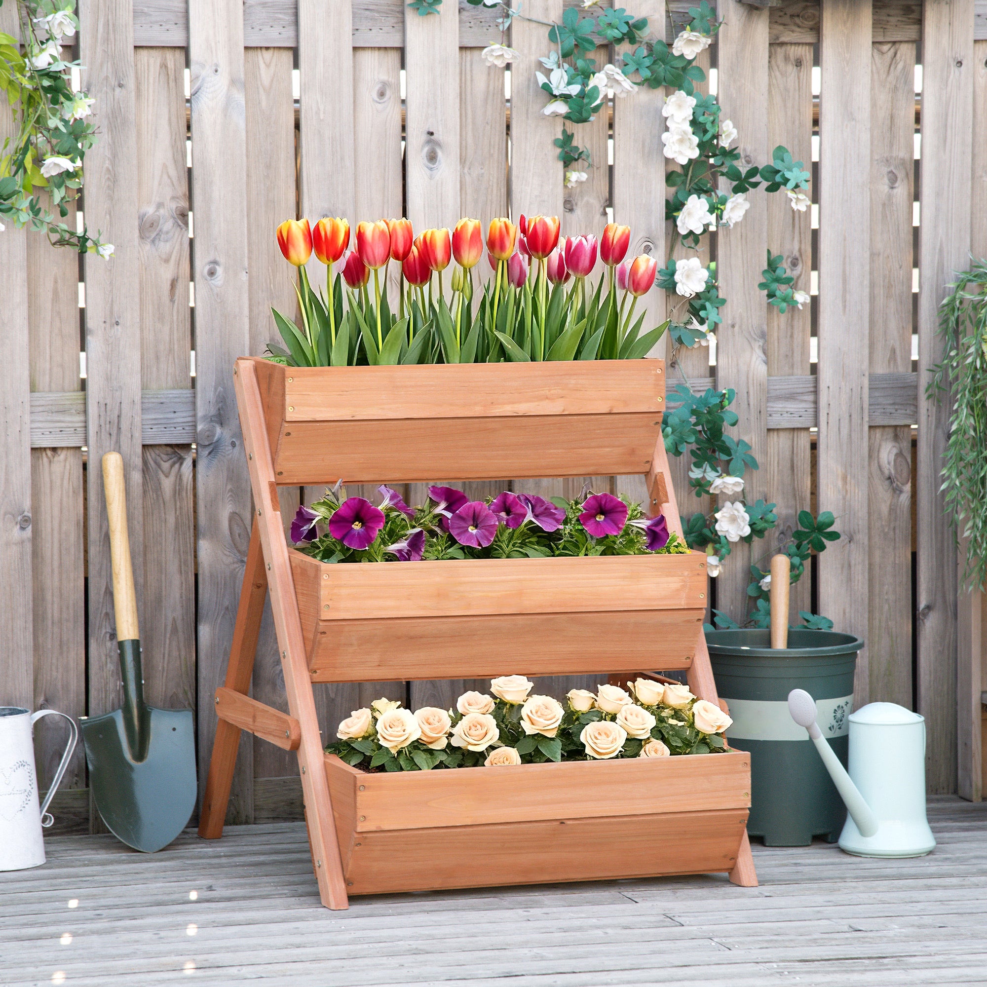 3 Tier Elevated Planter Box, Vertical Wooden Raised Garden Bed for Flowers, Vegetables, 26" x 30" x 30", Brown