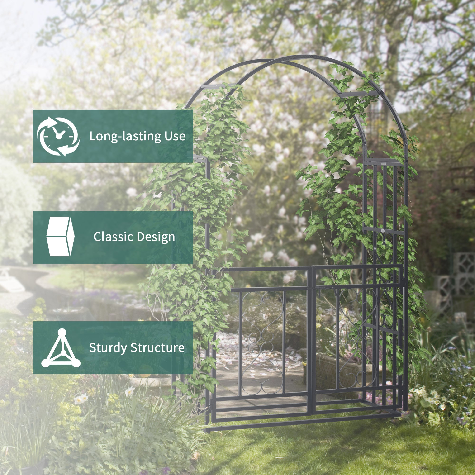 6.7 FT Steel Garden Arch with Gate Outdoor Courtyard Arbor for Climbing Vine Plants Lawn Backyard Decoration Dark Grey