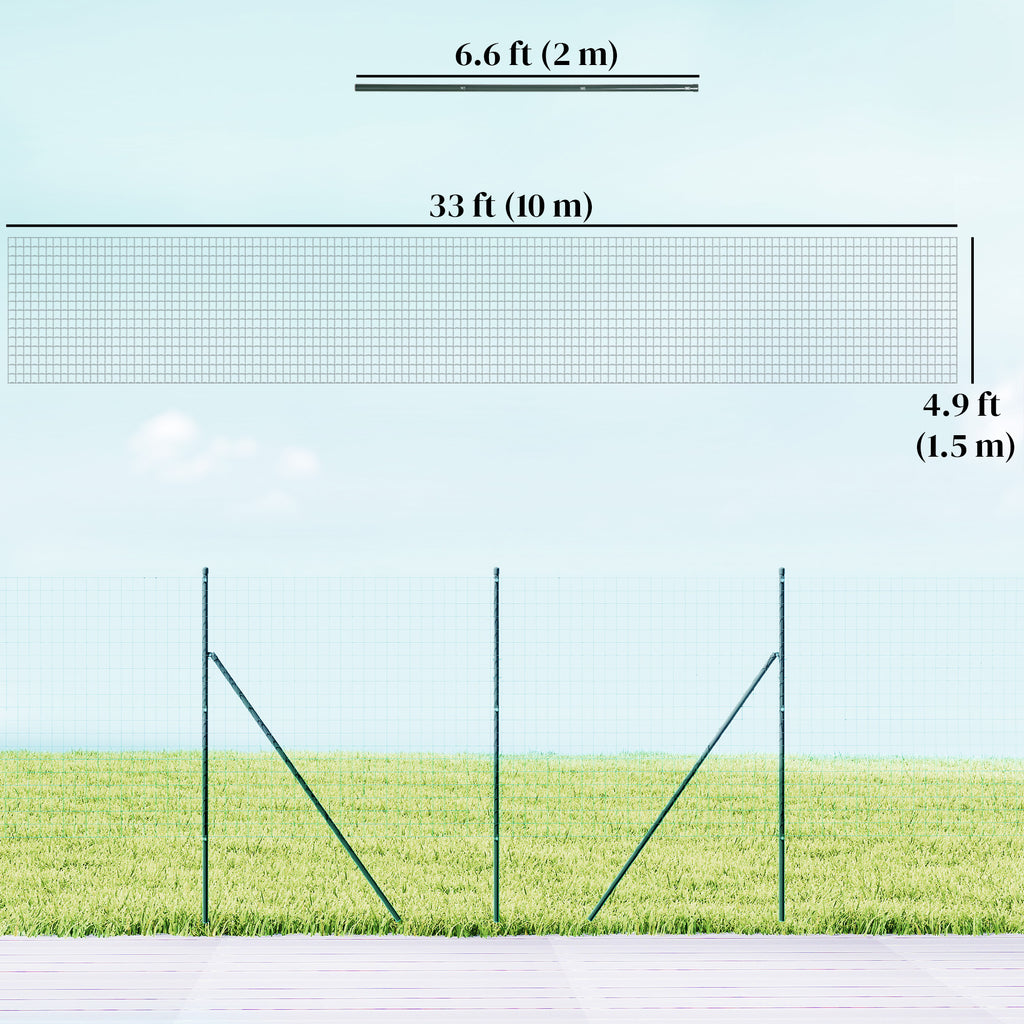 Garden Fence Barrier, Welded Fence Roll, Includes Posts & Support Braces, Green Plastic-Coated Steel