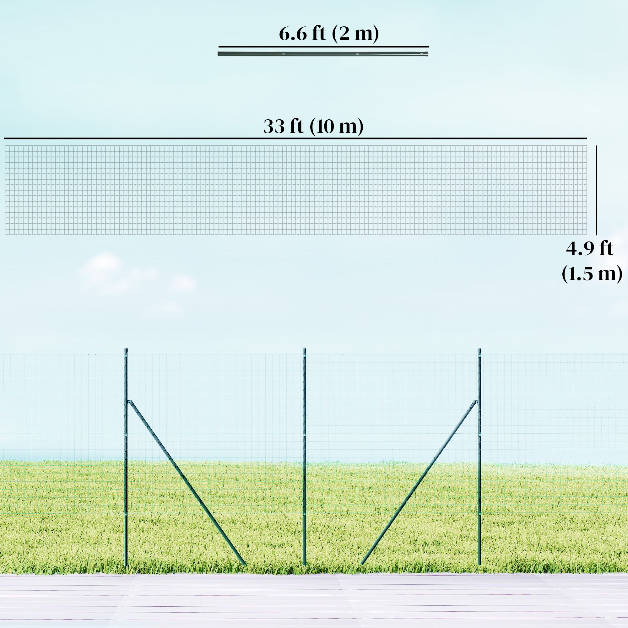 Garden Fence Barrier, Welded Fence Roll, Includes Posts & Support Braces, Green Plastic-Coated Steel