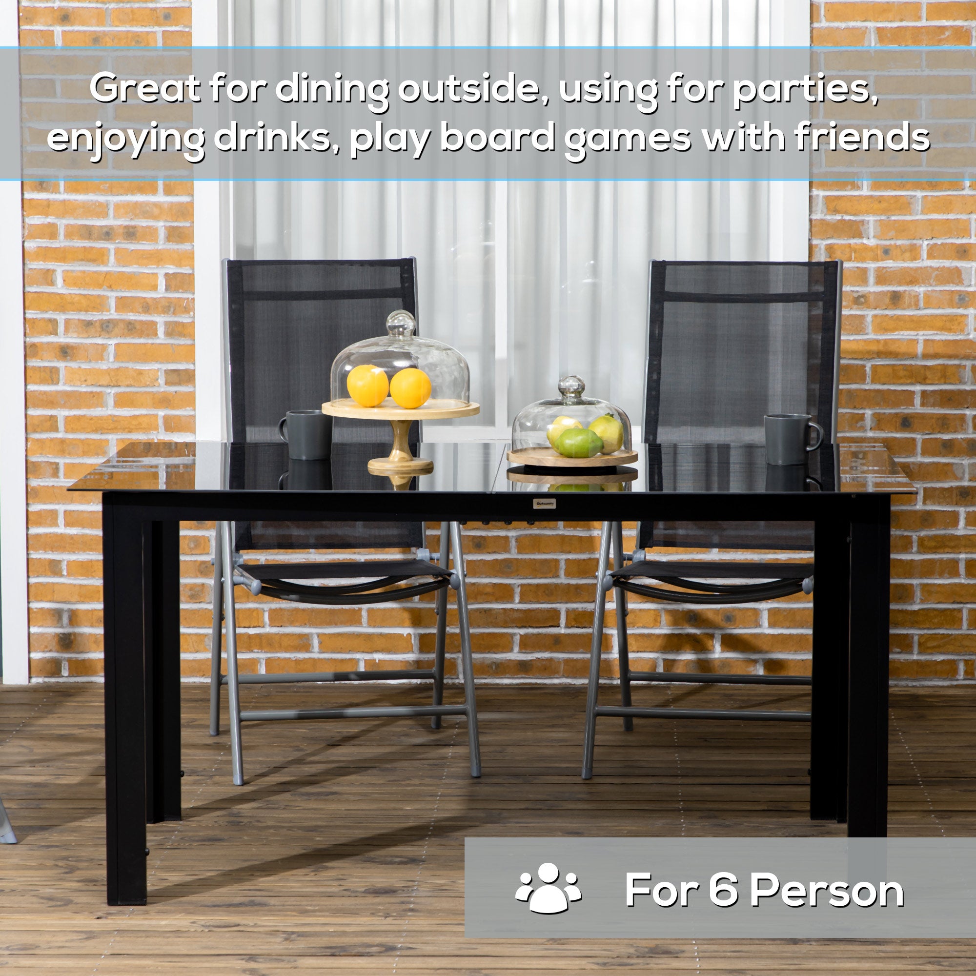 Aluminium Outdoor Dining Table for 6, 59" x 35" Rectangle Patio Table with Tempered Glass Tabletop, for Garden, Backyard, Lawn, Balcony, Black