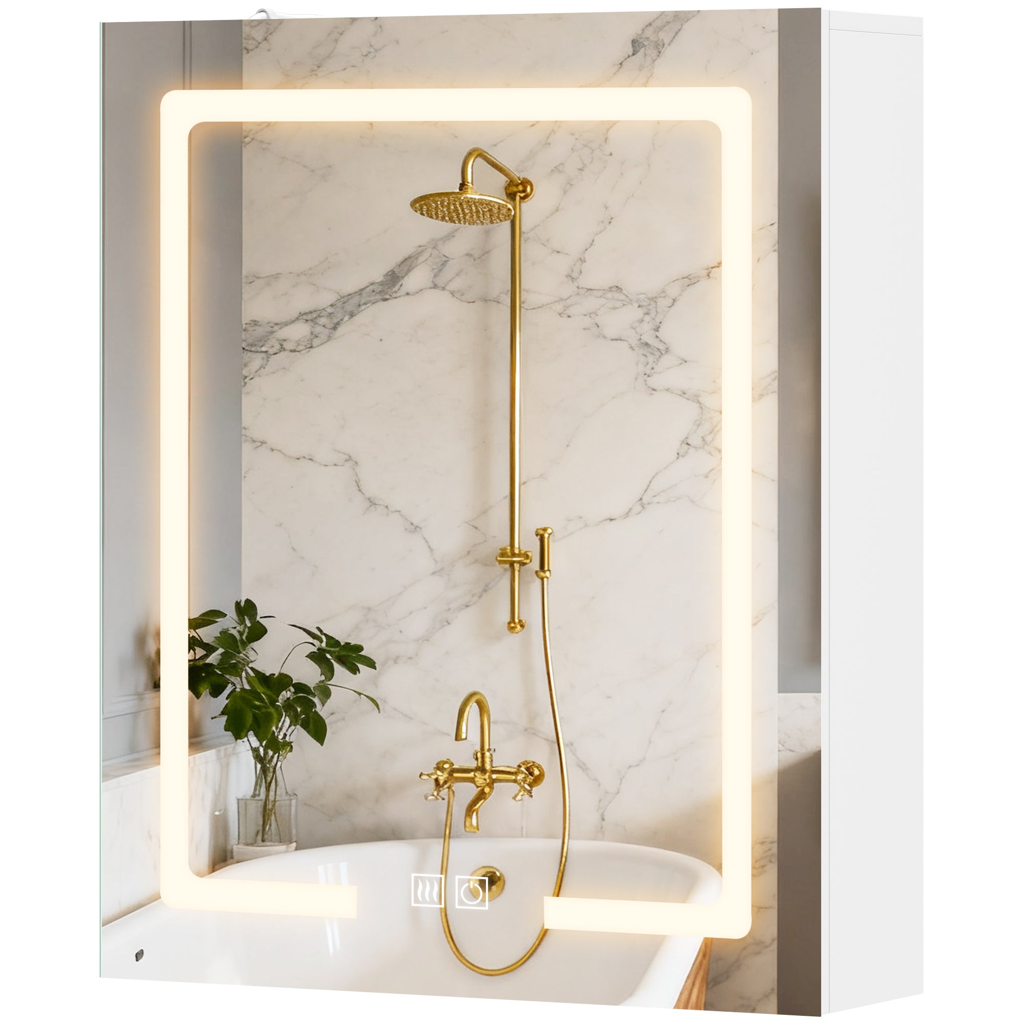Bathroom Medicine Cabinet with Lights, Wall Mounted Mirror Cabinet with Demister Pad, Adjustable Shelves, White