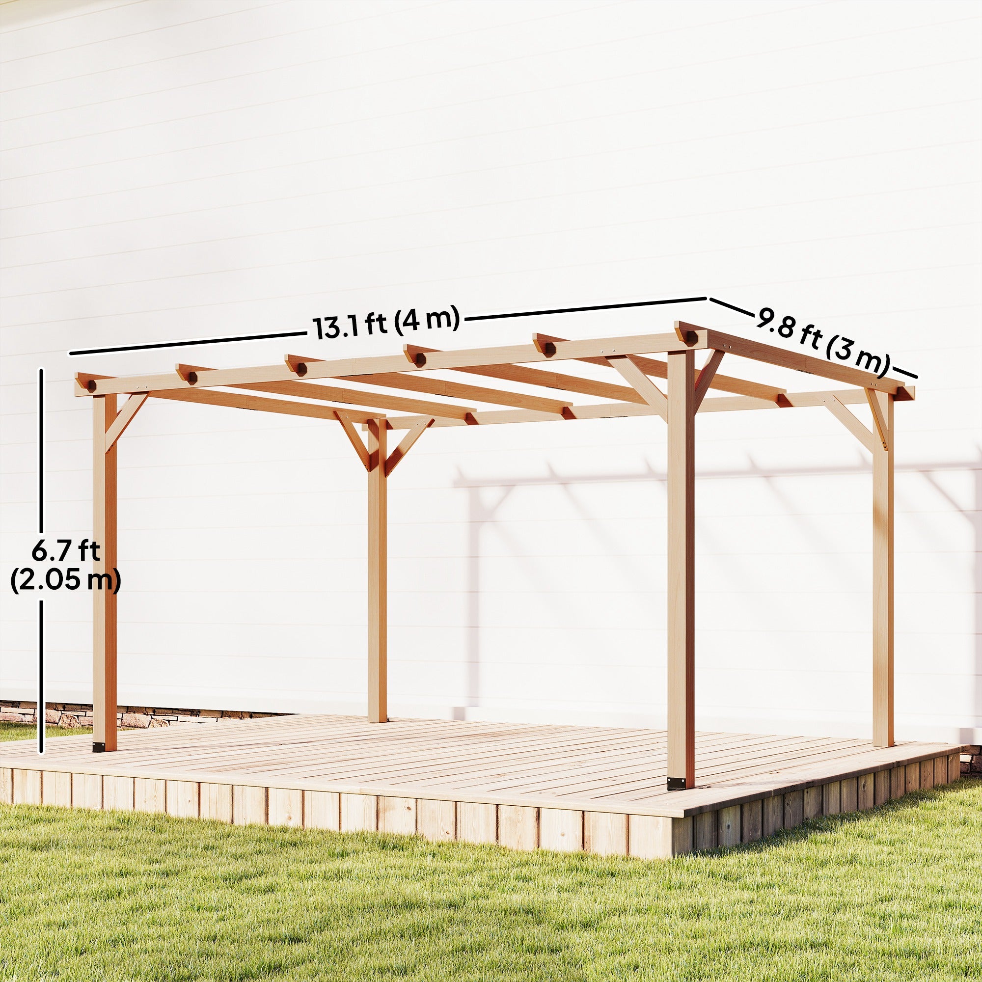 10' x 13' Wooden Pergola, Outdoor Pergola Gazebo Grape Trellis with Triangle Supports, Concrete Anchors, Nature Wood