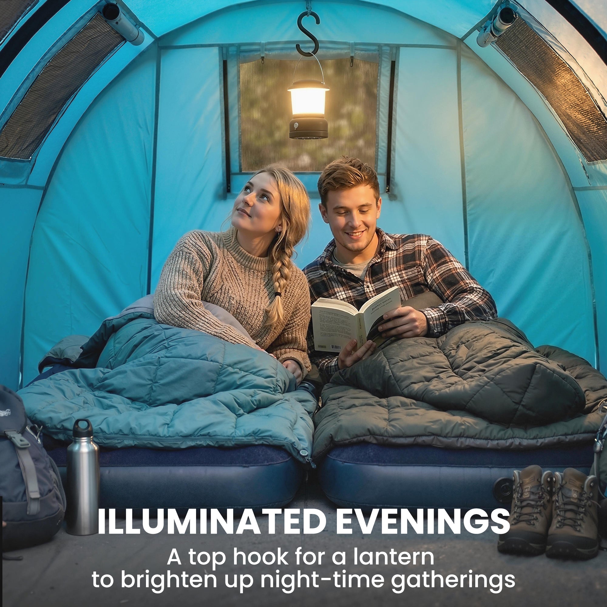 3-4 Person Camping Tent with 2 Rooms, 3000mm Waterproof Portable Family Tent with Carry Bag, Sky Blue