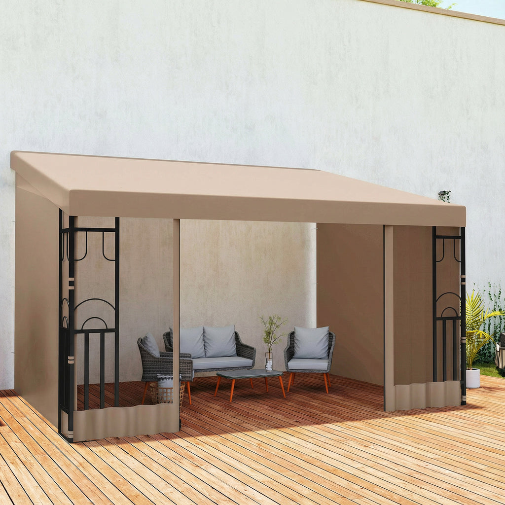 10' x 13' Wall Pergola, Outdoor Gazebo with 2 Curtains and 2 Nettings, UV Resistant, for Patio, Deck, Khaki