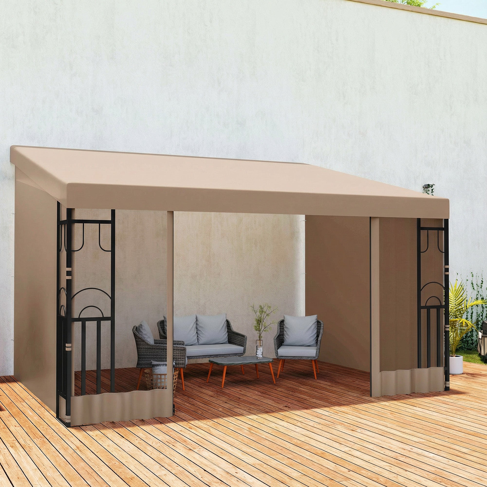 10' x 13' Wall Pergola, Outdoor Gazebo with 2 Curtains and 2 Nettings, UV Resistant, for Patio, Deck, Khaki