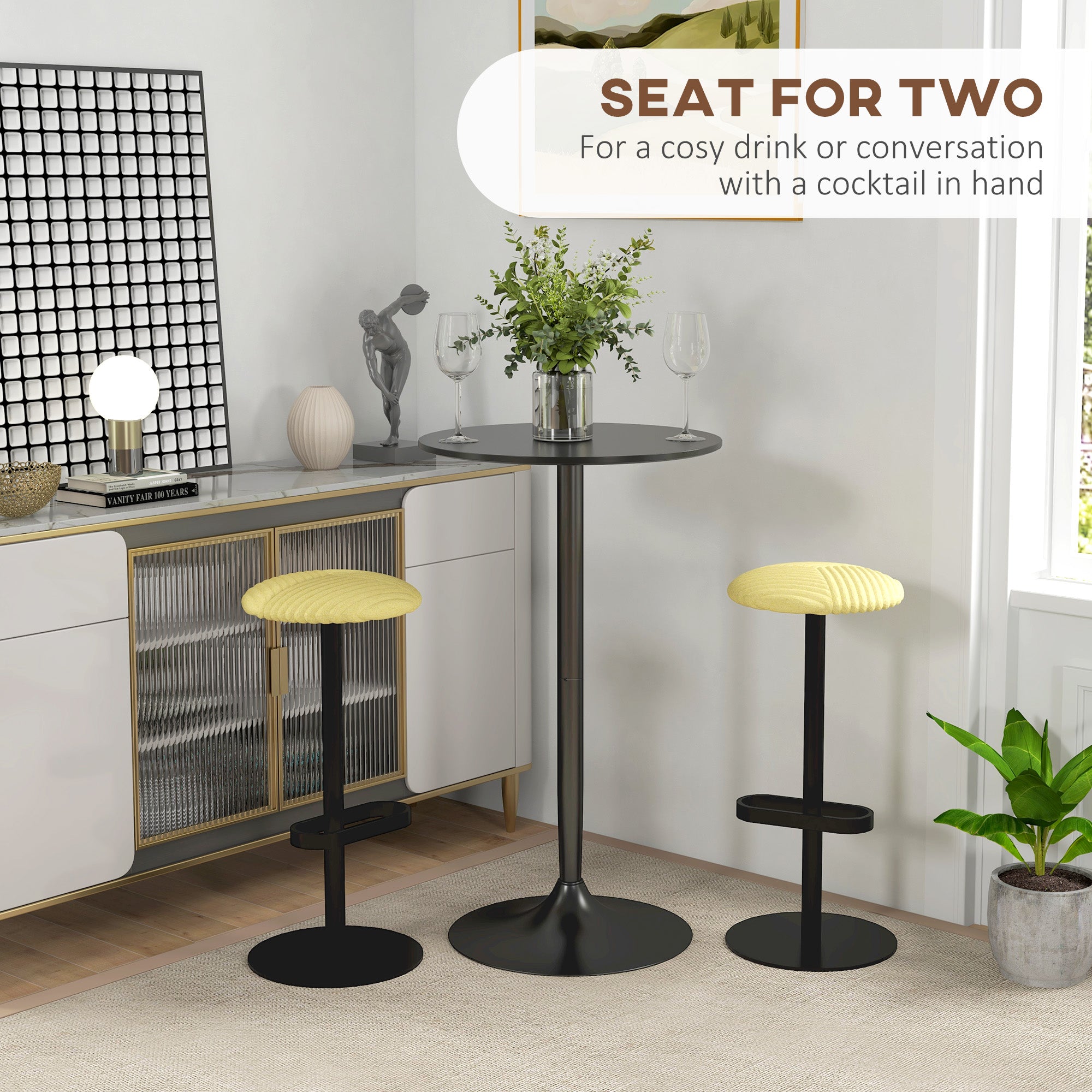 High Top Bar Table, Modern Round Dining Table with Painted Top and Steel Base, Bistro Table for 2 People, Black