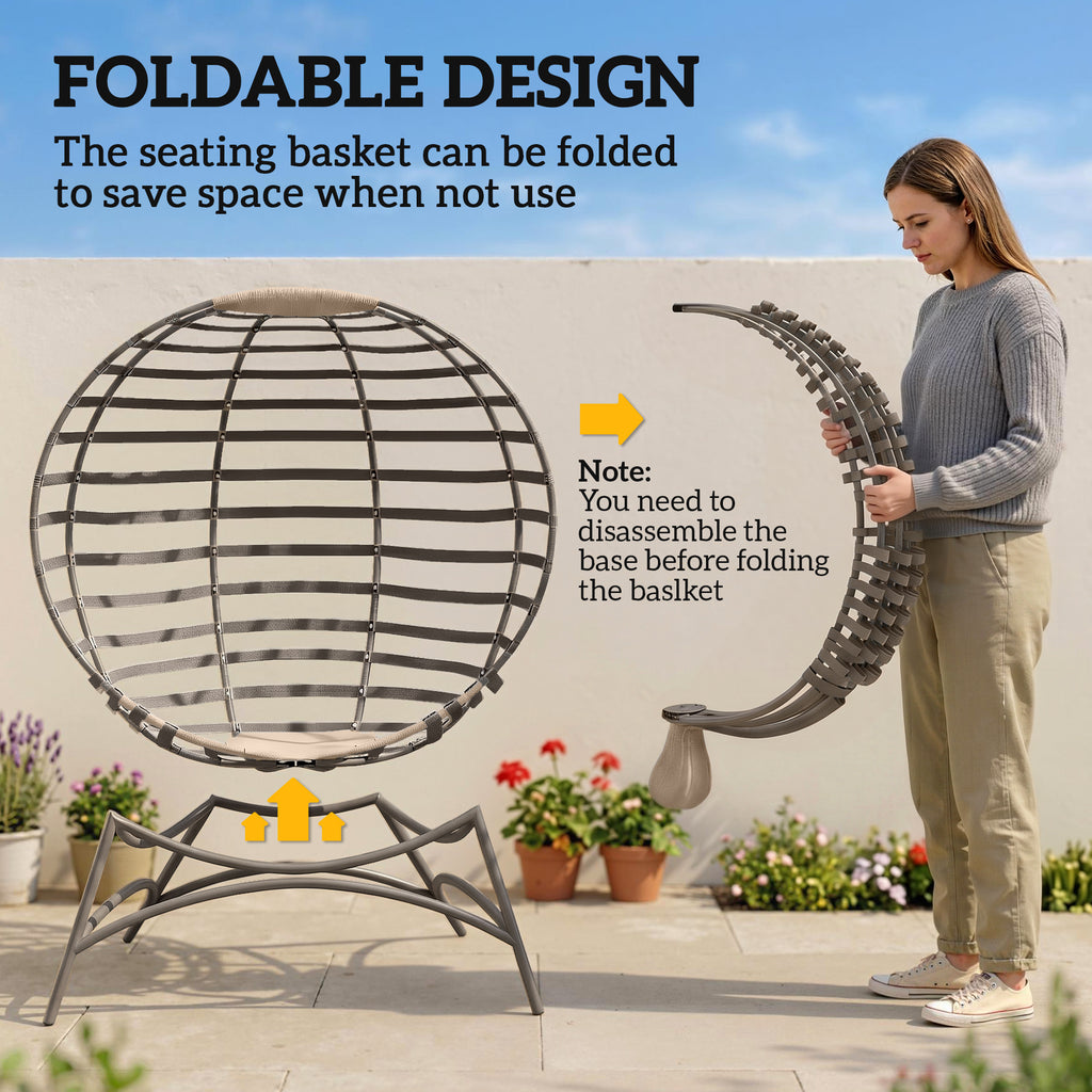 Egg Chair, Patio Lounge Chair, Foldable Basket Chair with Large Seat Cushion, Side Pocket, Sand