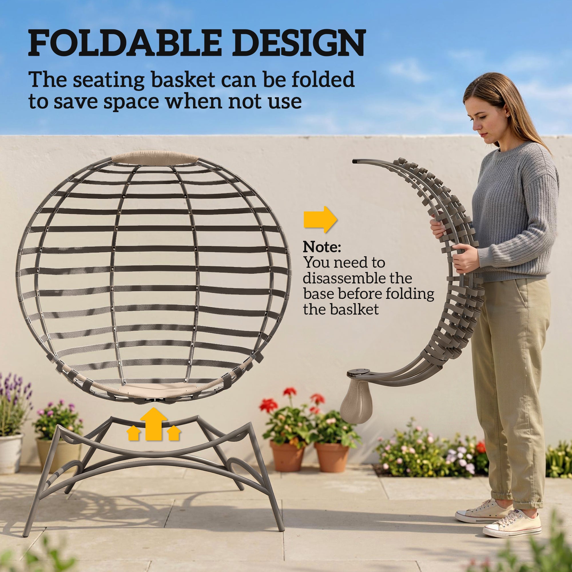 Egg Chair, Patio Lounge Chair, Foldable Basket Chair with Large Seat Cushion, Side Pocket, Sand