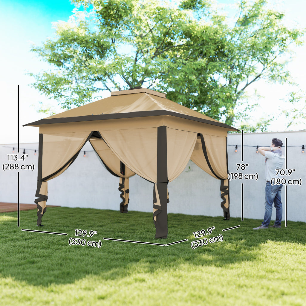 11' x 11' Pop Up Gazebo, Double Roof Foldable Height Adjustable Canopy Tent with Mesh Sidewalls, Carrying Bag, Beige