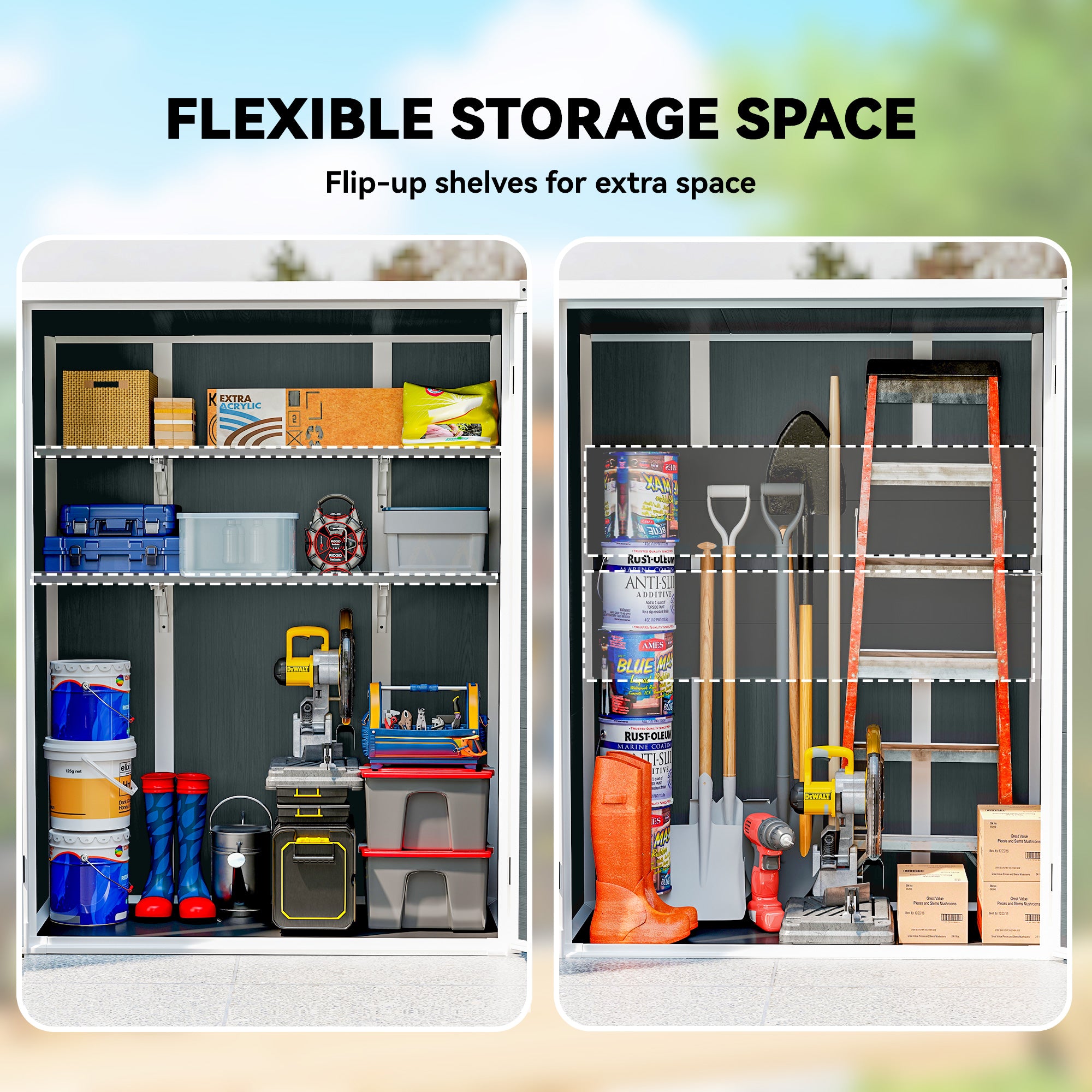 Outdoor 4.4' x 2.3' Plastic Storage Shed with Lockable Doors and Foldable Shelves, Wood-Effect Garden Shed, Grey