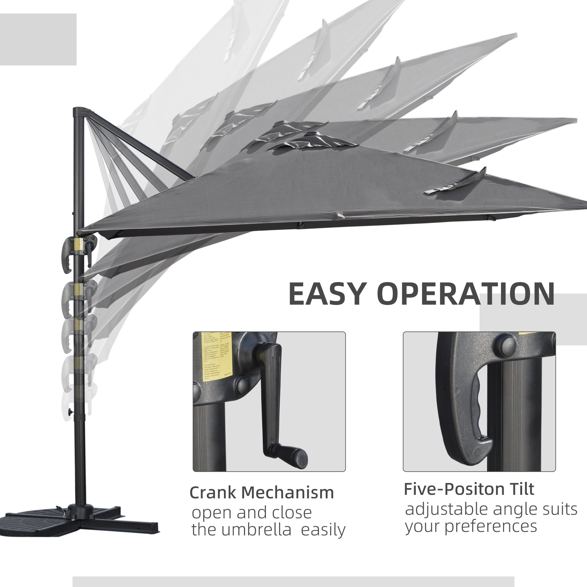 9ft Cantilever Patio Umbrella, Square Overhanging Umbrella with Cross Base, Crank Handle, Tilt, 360Â° Rotation and Aluminum Frame, Dark Grey