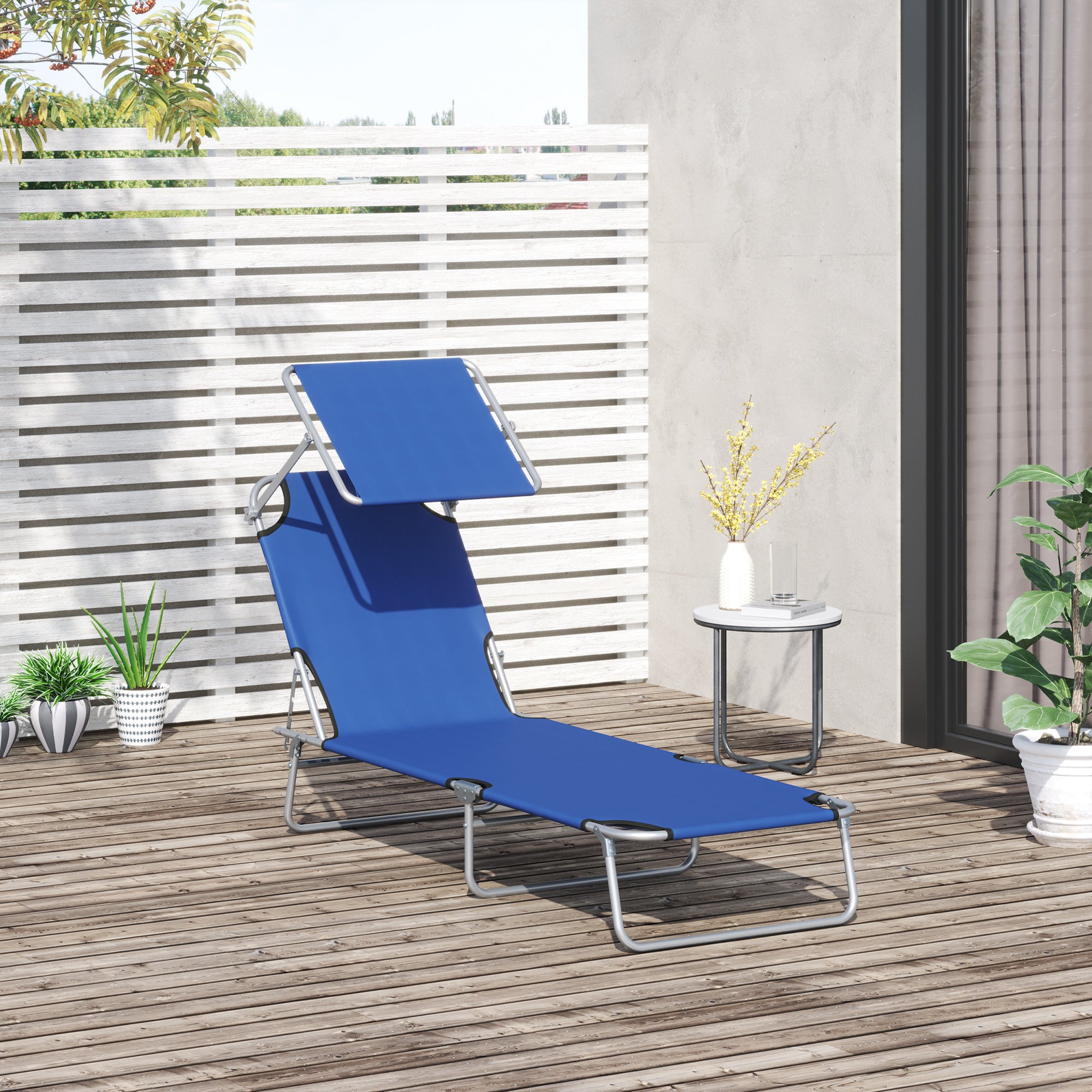 Outdoor Lounge Chair, Adjustable Folding Chaise Lounge,  Tanning Chair with Sun Shade for Beach, Camping, Hiking, Backyard, Blue