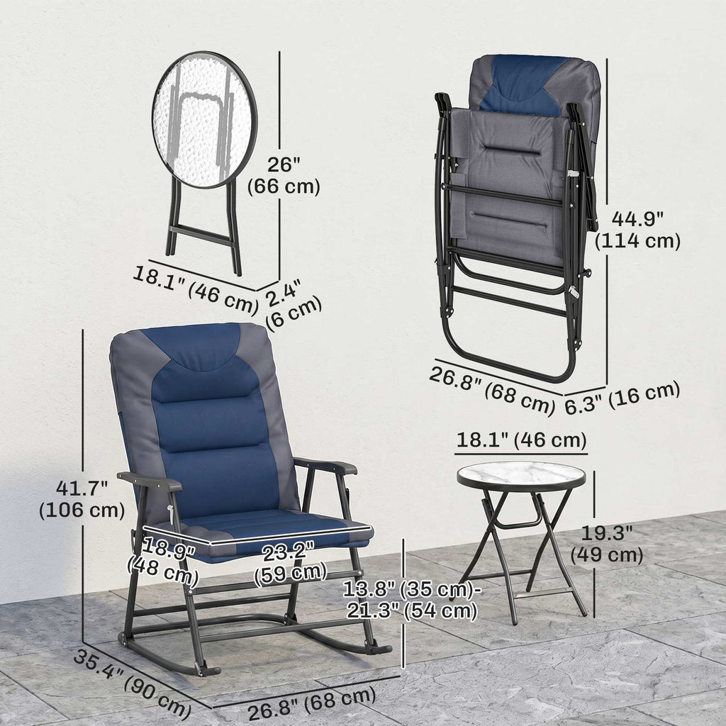 3pc Patio Foldable Rocking Chair Set, Outdoor Rocking Chairs and Table Bistro Set w/ Padded Seat, Headrest, Backrest for park, backyard, garden, Blue
