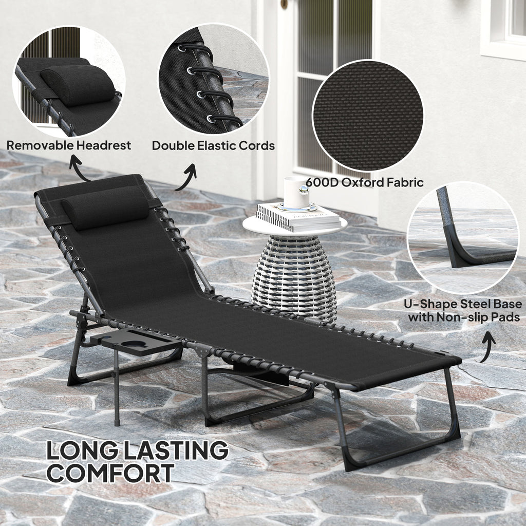 Folding Lounge Chair, Outdoor Chaise Lounge Tanning Chair with Adjustable Back, Side Table, Headrest, Black