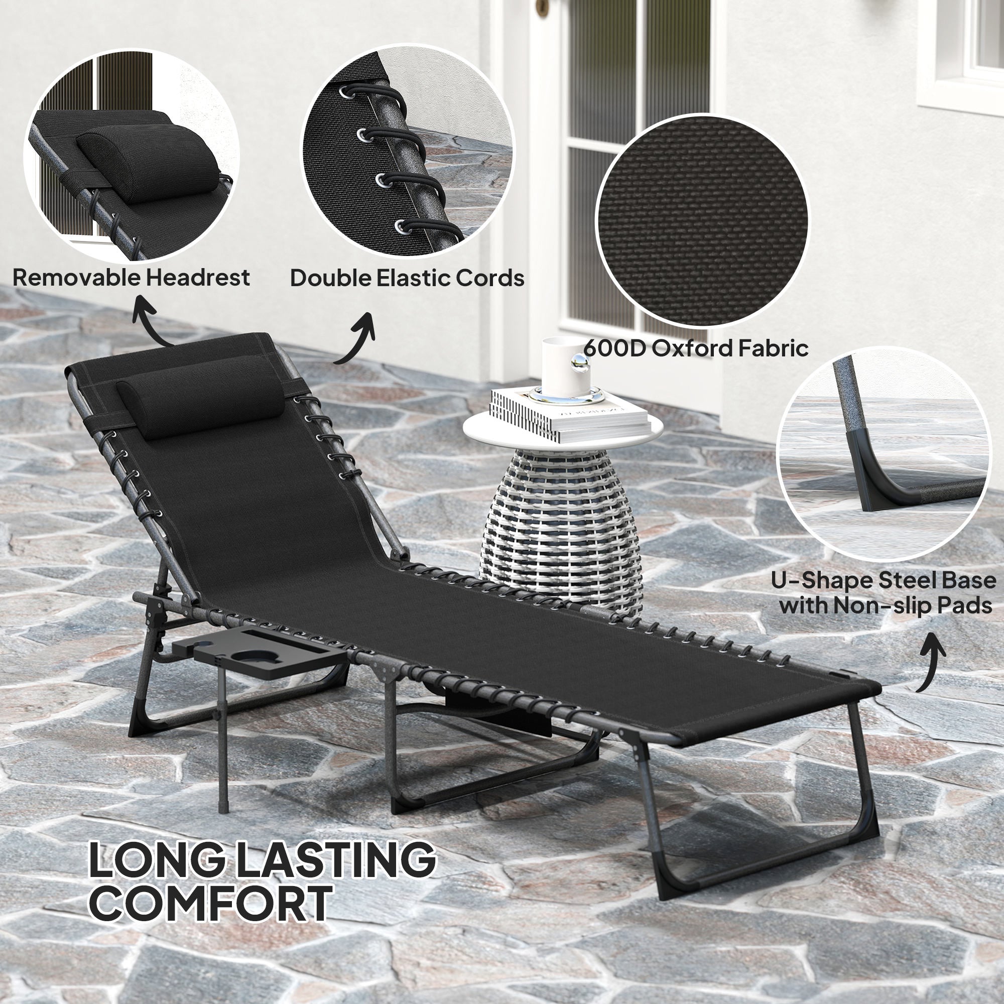 Folding Lounge Chair, Outdoor Chaise Lounge Tanning Chair with Adjustable Back, Side Table, Headrest, Black