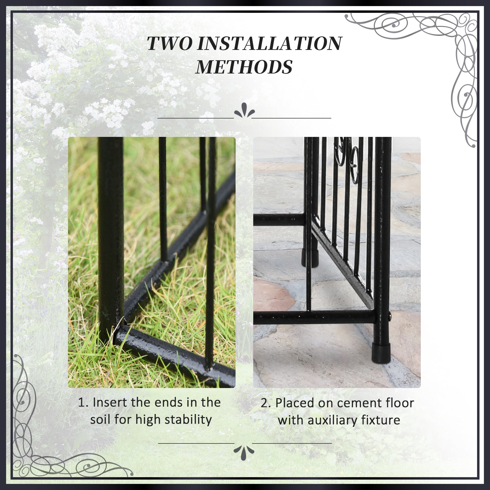 7.2FT Metal Garden Arch with Gate, 2 Side Planter Baskets, Garden Arbor Archway Trellis for Roses and Climbing Plants, Black