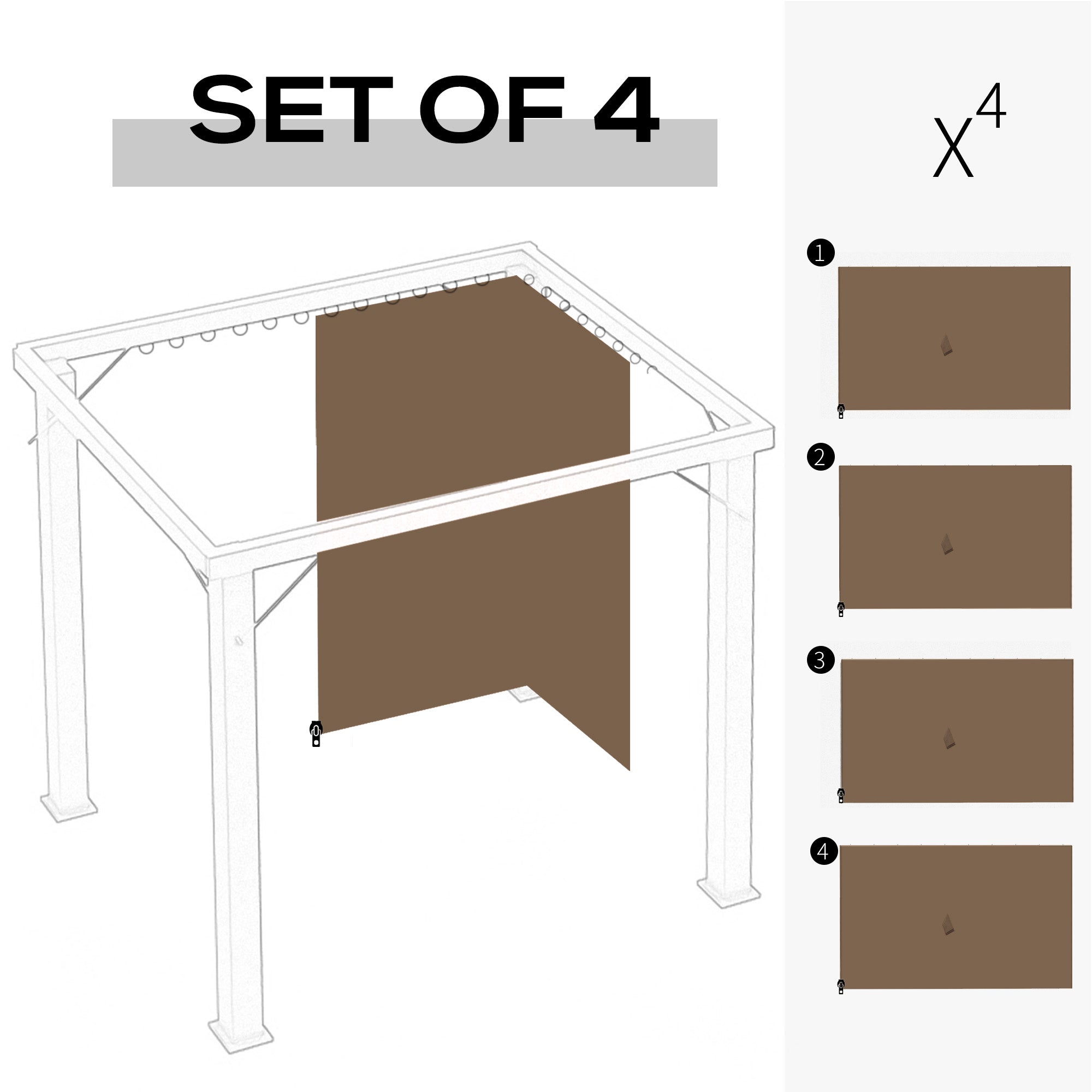 Gazebo Curtains, 10' x 10' Universal Replacement Privacy Curtain, 4-Panels Sidewall with Hooks/C-Rings, Brown