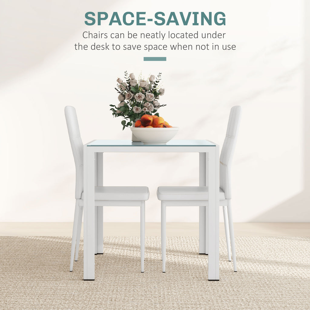 3-Piece Rectangular Glass Kitchen Table and Chairs with Metal Frame and Faux Leather Upholstery for Dining Room, White