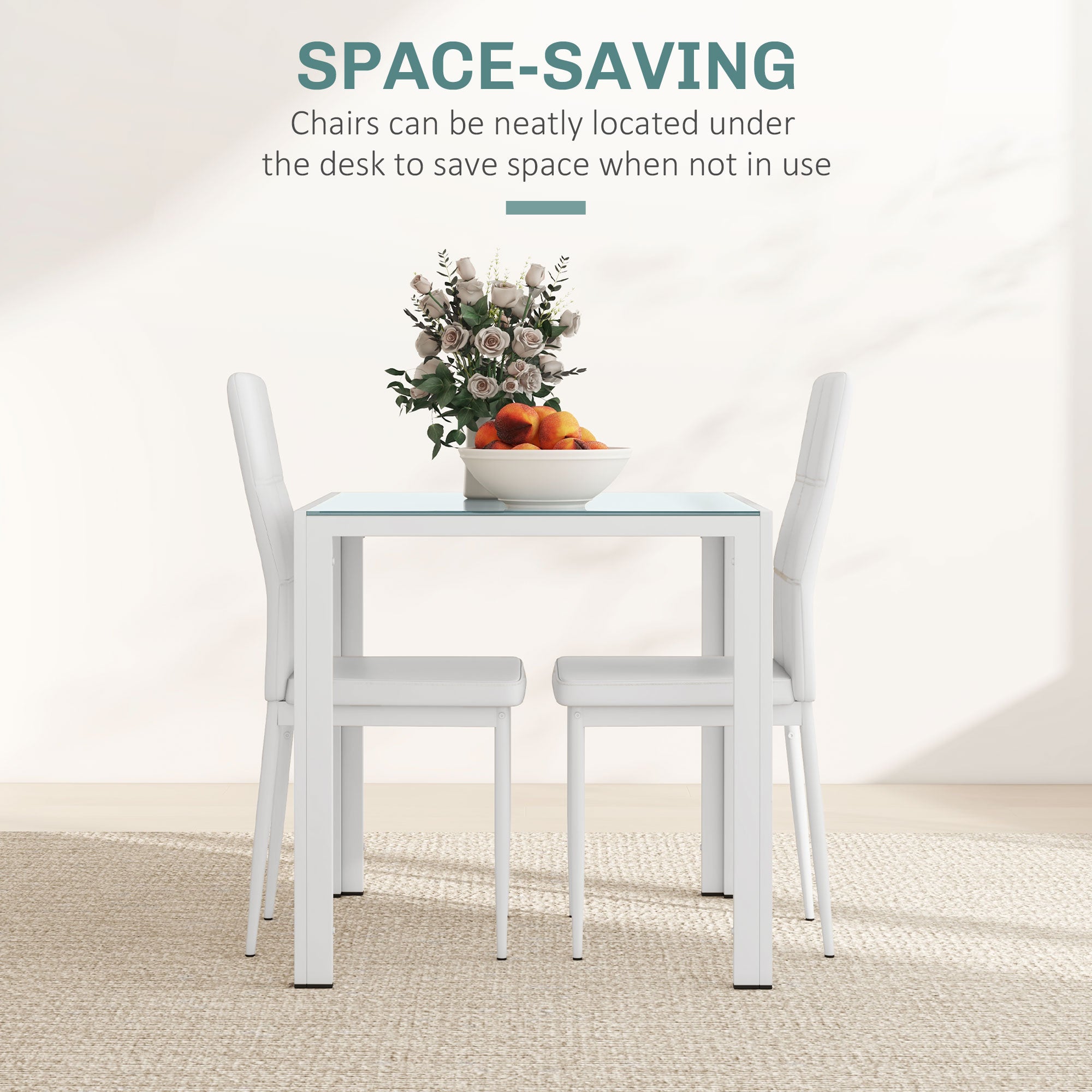 3-Piece Rectangular Glass Kitchen Table and Chairs with Metal Frame and Faux Leather Upholstery for Dining Room, White