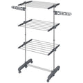 3-Tier Foldable Clothes Drying Rack, Stainless Steel Laundry Rack with 2 Side Wings and 6 Castors, Collapsible Adjustable Clothes Airer for Indoor Outdoor, Grey