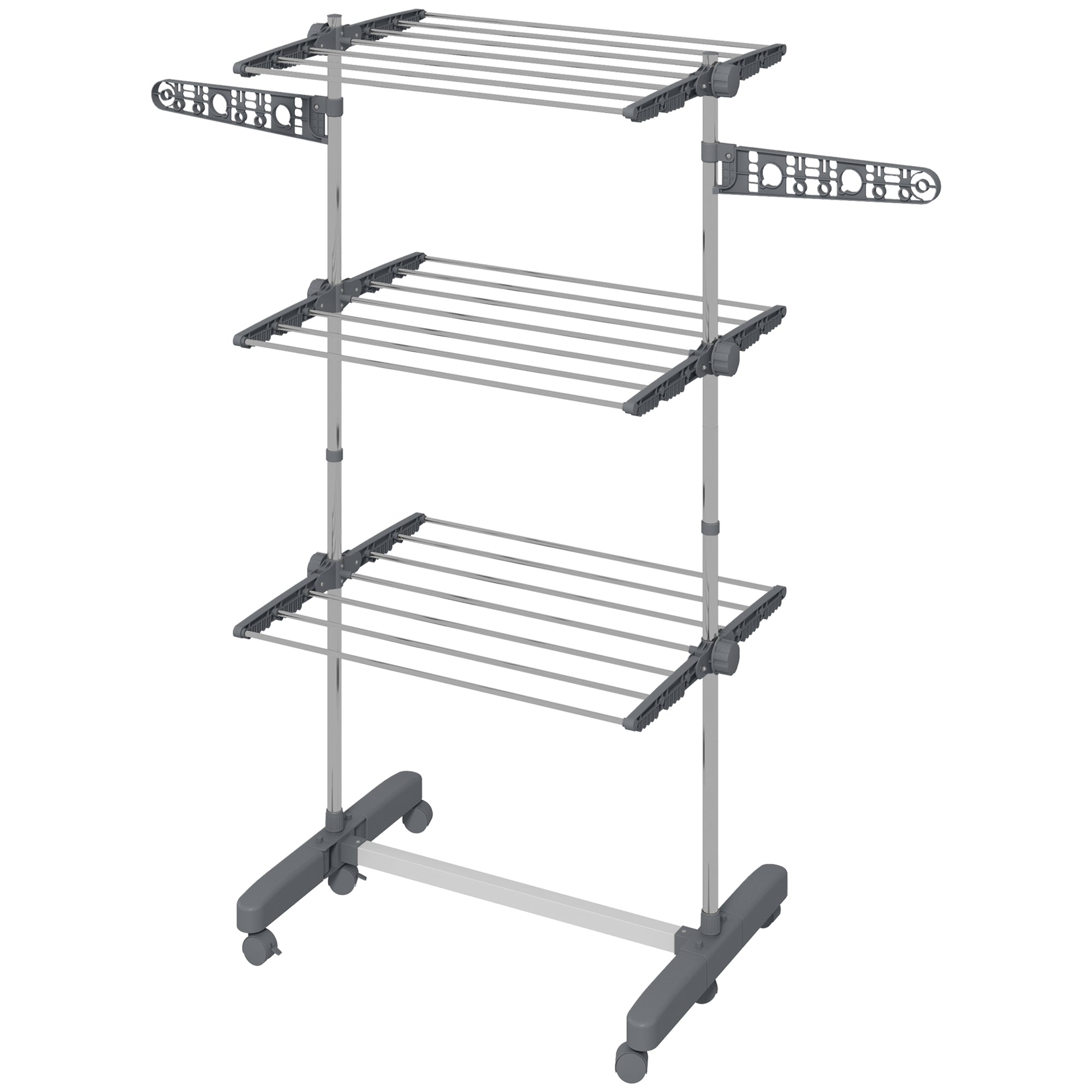 3-Tier Foldable Clothes Drying Rack, Stainless Steel Laundry Rack with 2 Side Wings and 6 Castors, Collapsible Adjustable Clothes Airer for Indoor Outdoor, Grey