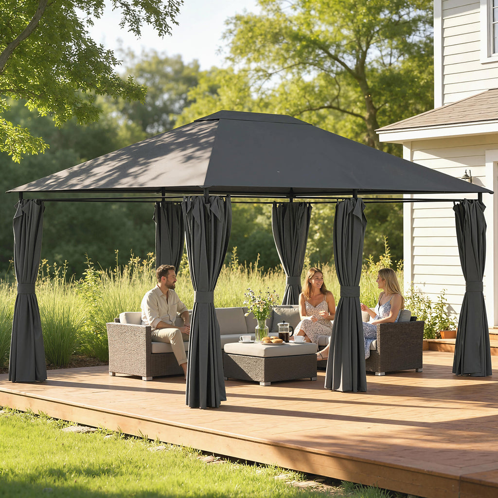13'x 10' Soft-top Steel Patio Gazebo Canopy Party Tent with 6 Removable Curtains and Drainage Holes, Dark Grey