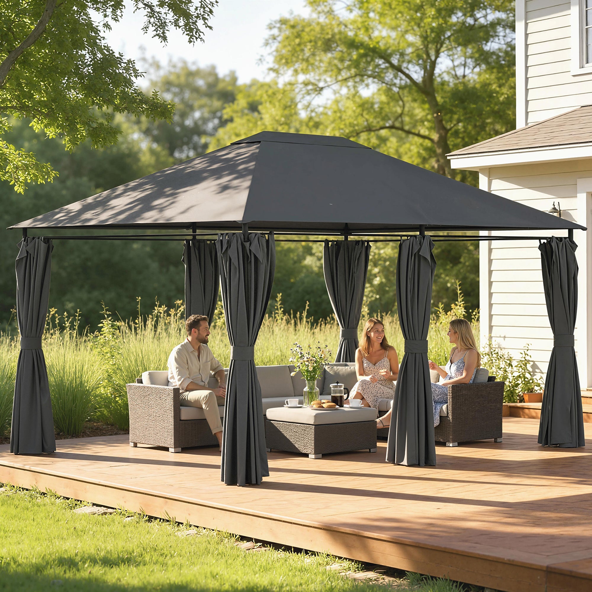 13'x 10' Soft-top Steel Patio Gazebo Canopy Party Tent with 6 Removable Curtains and Drainage Holes, Dark Grey