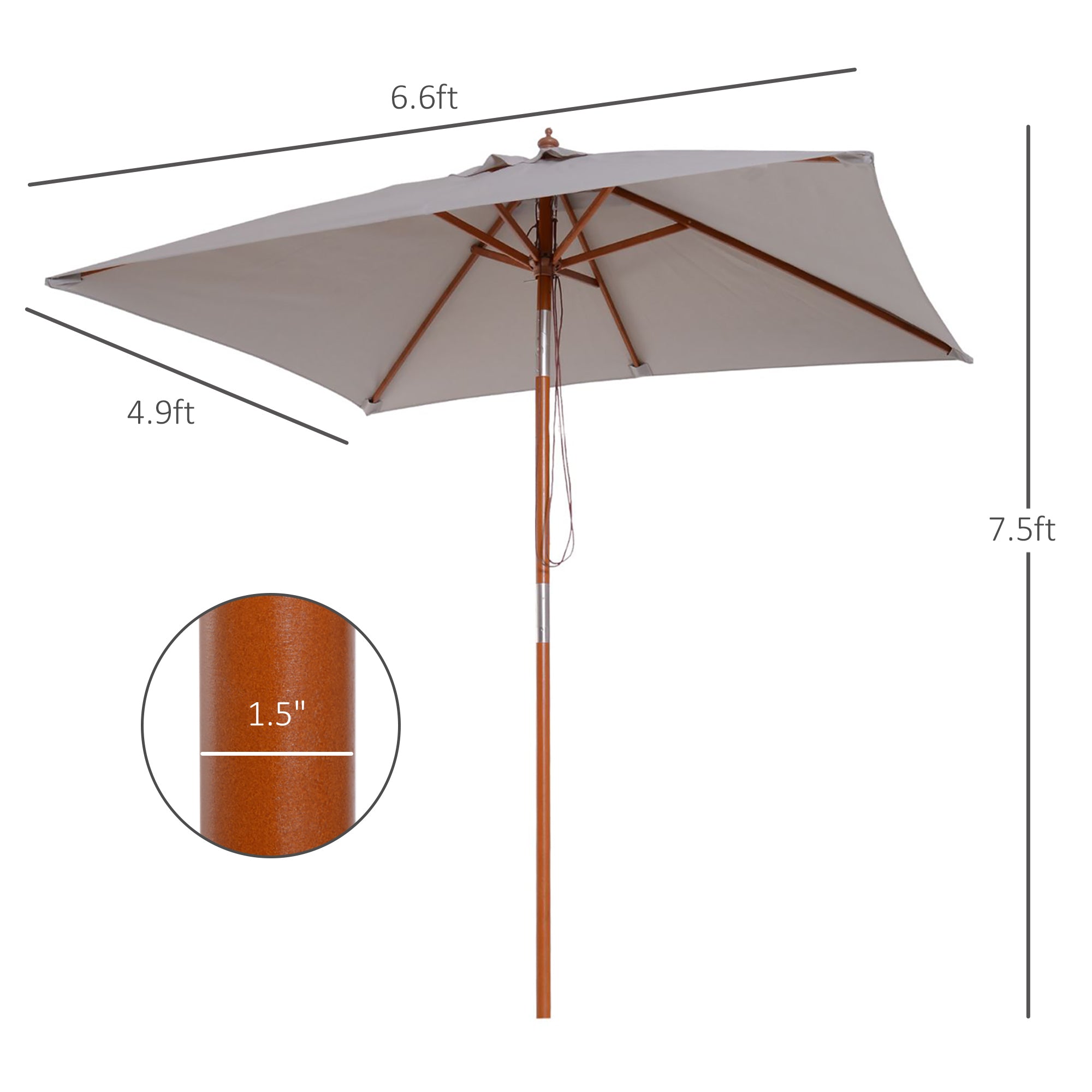 6.6 x 5ft Fir Wooden Patio Umbrella Market Parasol Tilt Mechanism 6 Ribs Garden Sunshade, Grey