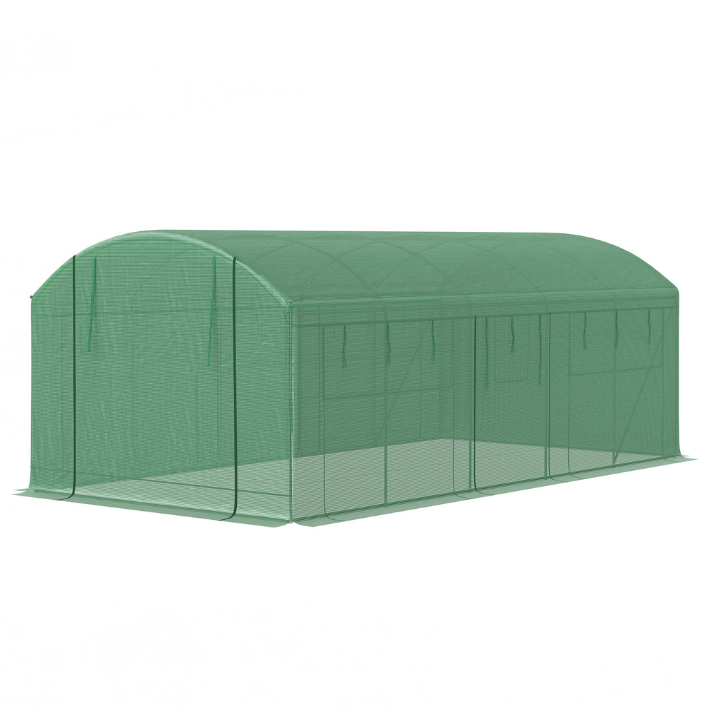 19.5' x 10' x 7.5' Tunnel Greenhouse with 3 Roll-Up Doors and Large Mesh Windows, Galvanized Steel Frame, Wind Resistant, Green