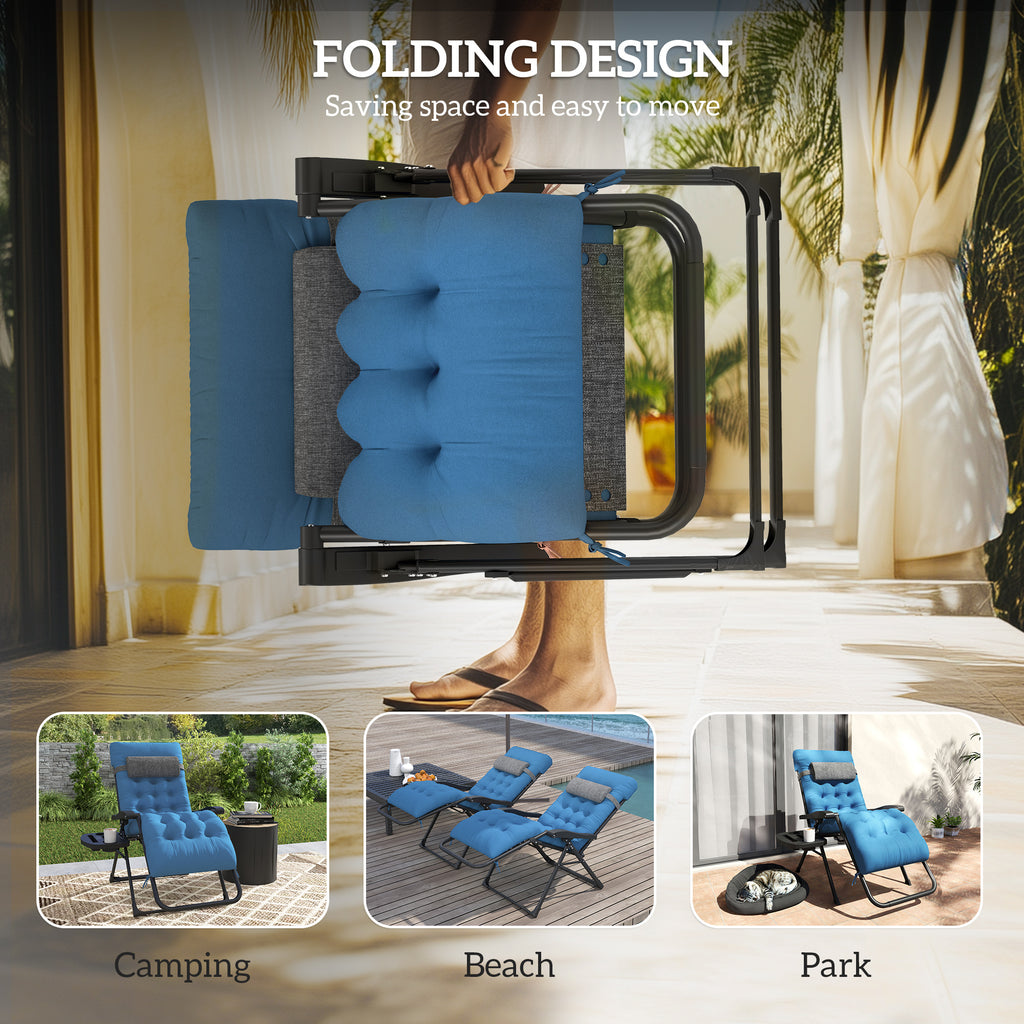 Padded Folding Recliner Chair, Patio Lounger with Cupholder, Adjustable Backrest, Removable Cushion, Navy Blue