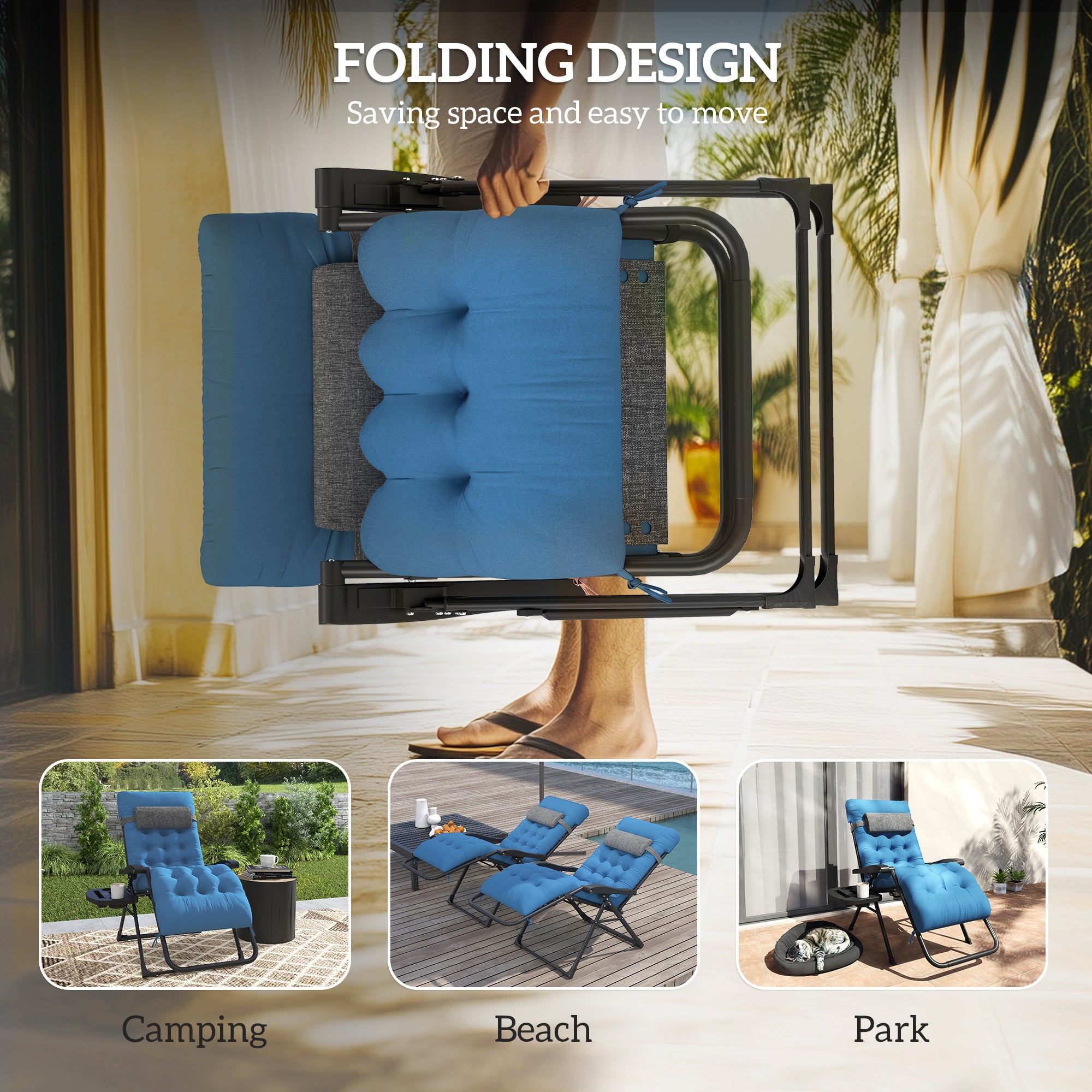 Padded Folding Recliner Chair, Patio Lounger with Cupholder, Adjustable Backrest, Removable Cushion, Navy Blue