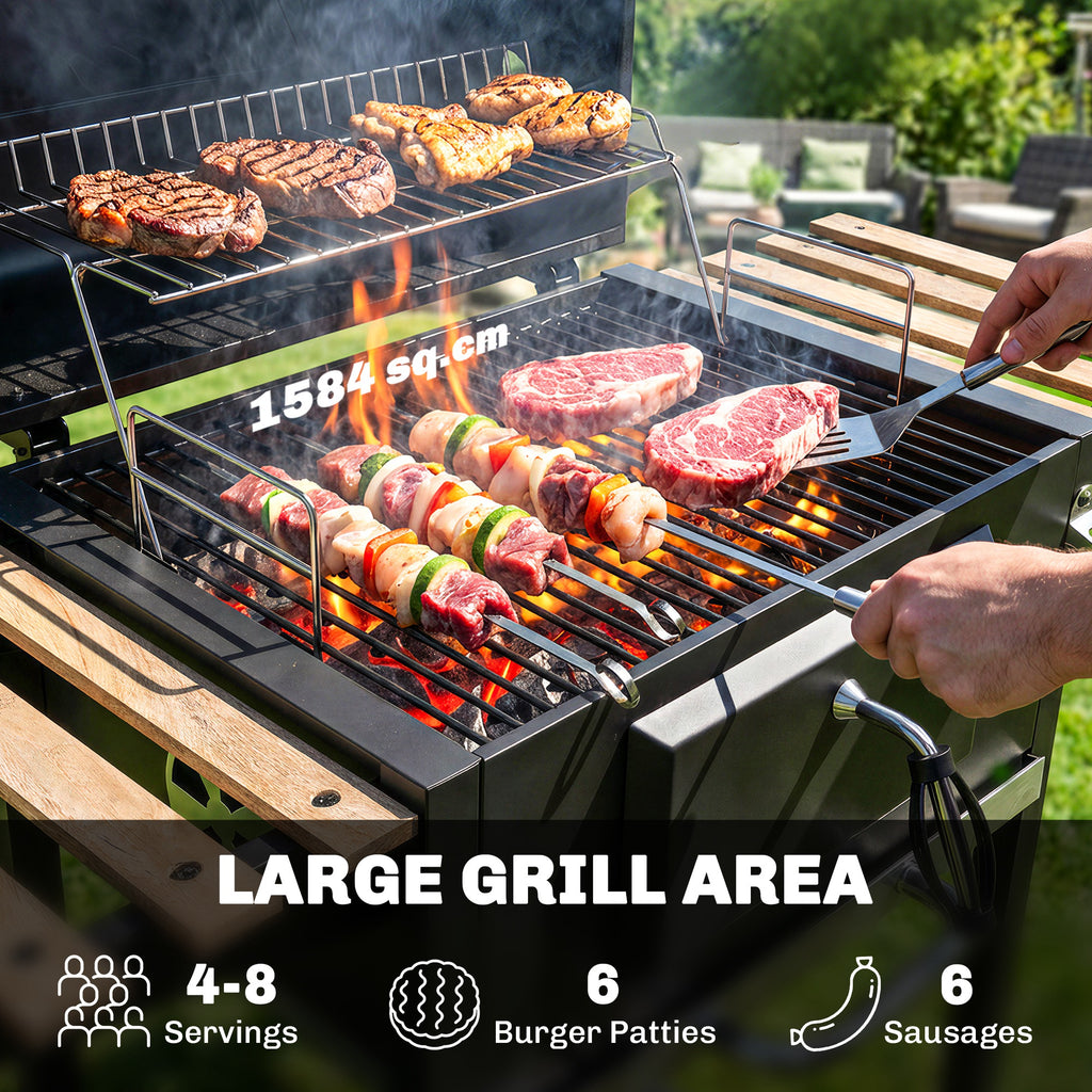 20" Charcoal BBQ Grill Barbecue on Wheels with Adjustable Charcoal Pan, Spacious Cooking Area, 3 Shelves, Thermometer