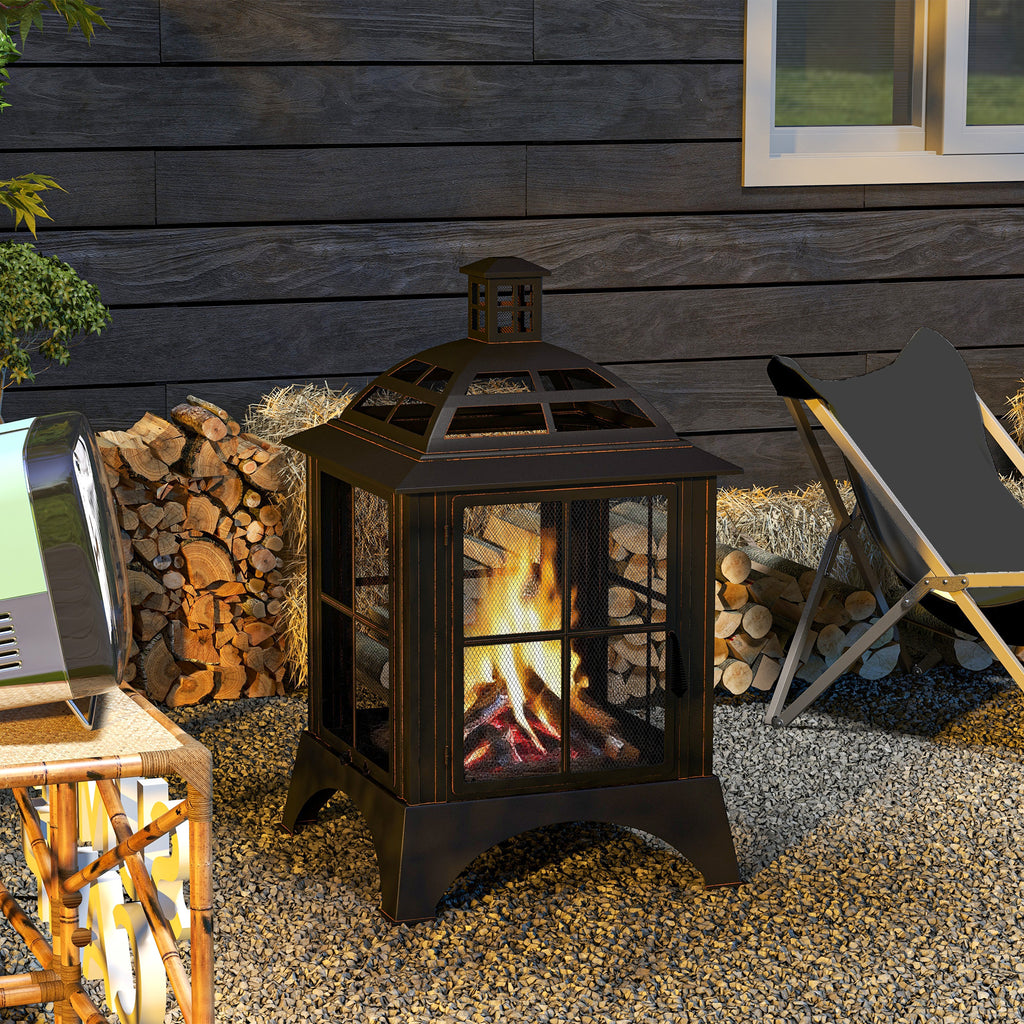 Wood-Burning Fire Pit, Chimney Style Firepit with Poker, 28" x 28", Black