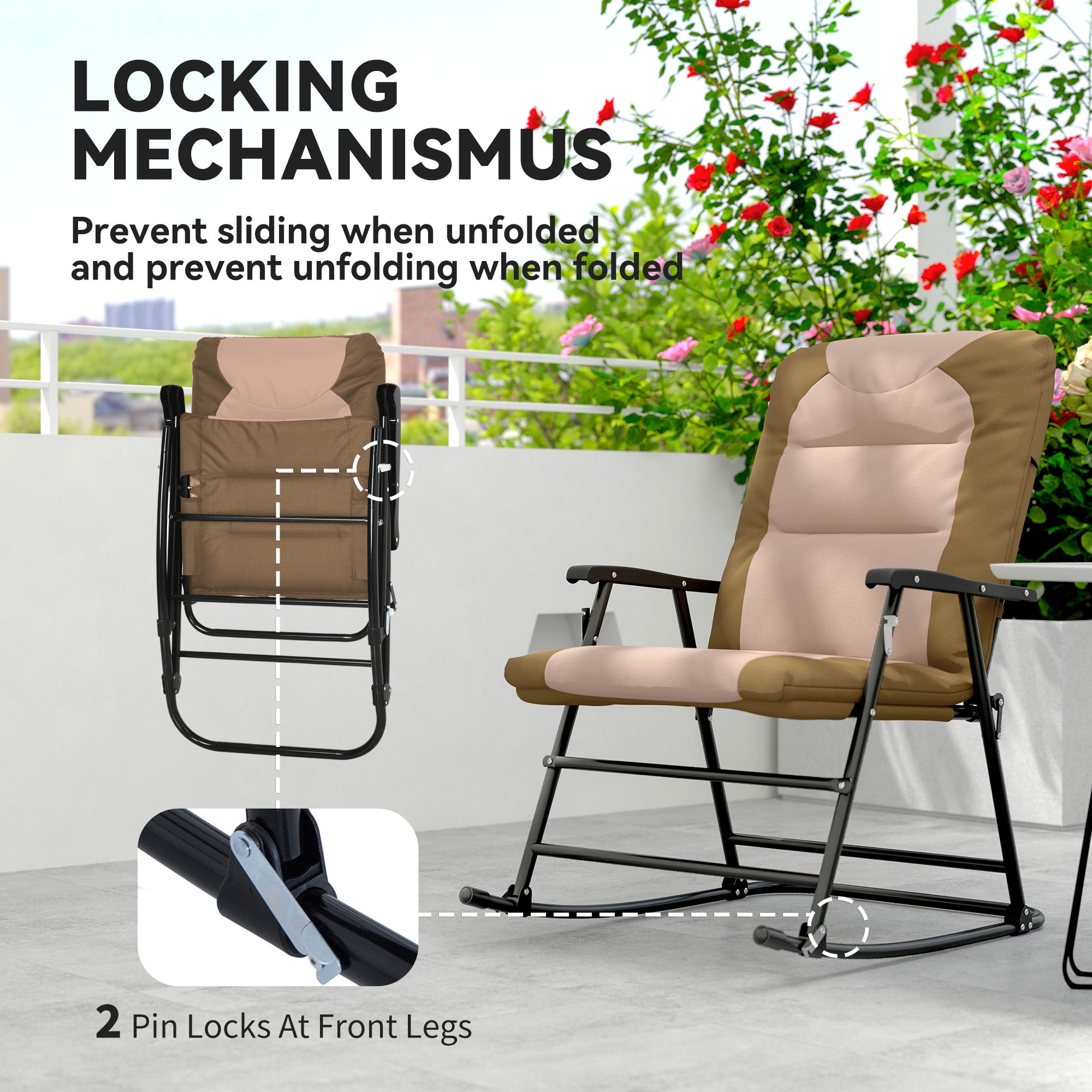 Folding Rocking Chair Set of 2 Padded Rockers with Armrest, Light Brown