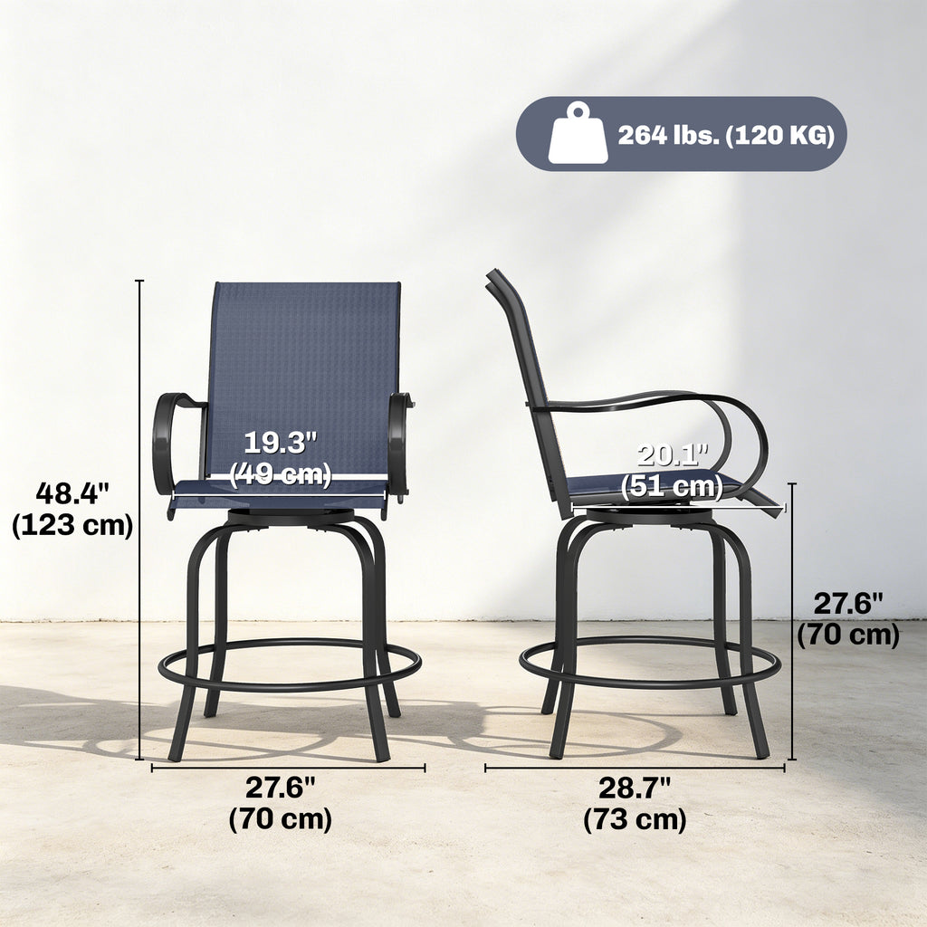Outdoor Bar Stools Set of 2, 360Â° Swivel Bar Height Chairs, 26.8" x 29.5" x 48.4", Navy Blue