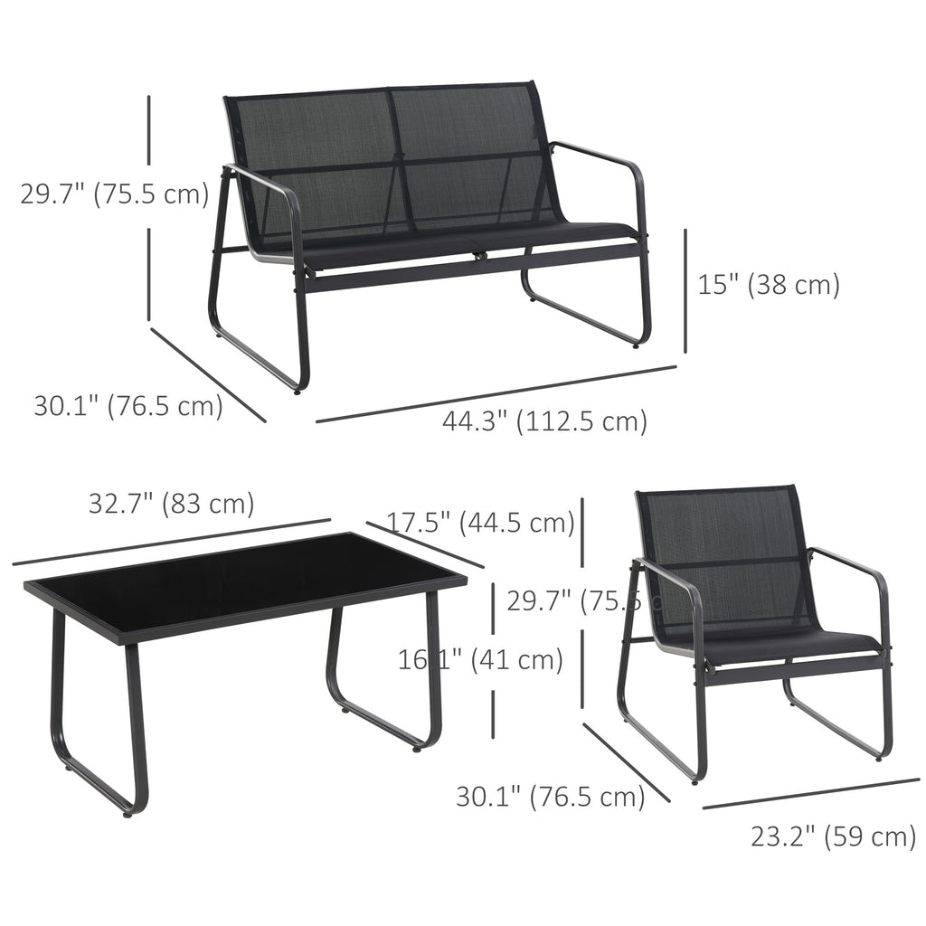 4 Piece Patio Furniture Set, Outdoor Conversation Set with Loveseat Sofa, Armchairs, Glass Top Coffee Table, Black