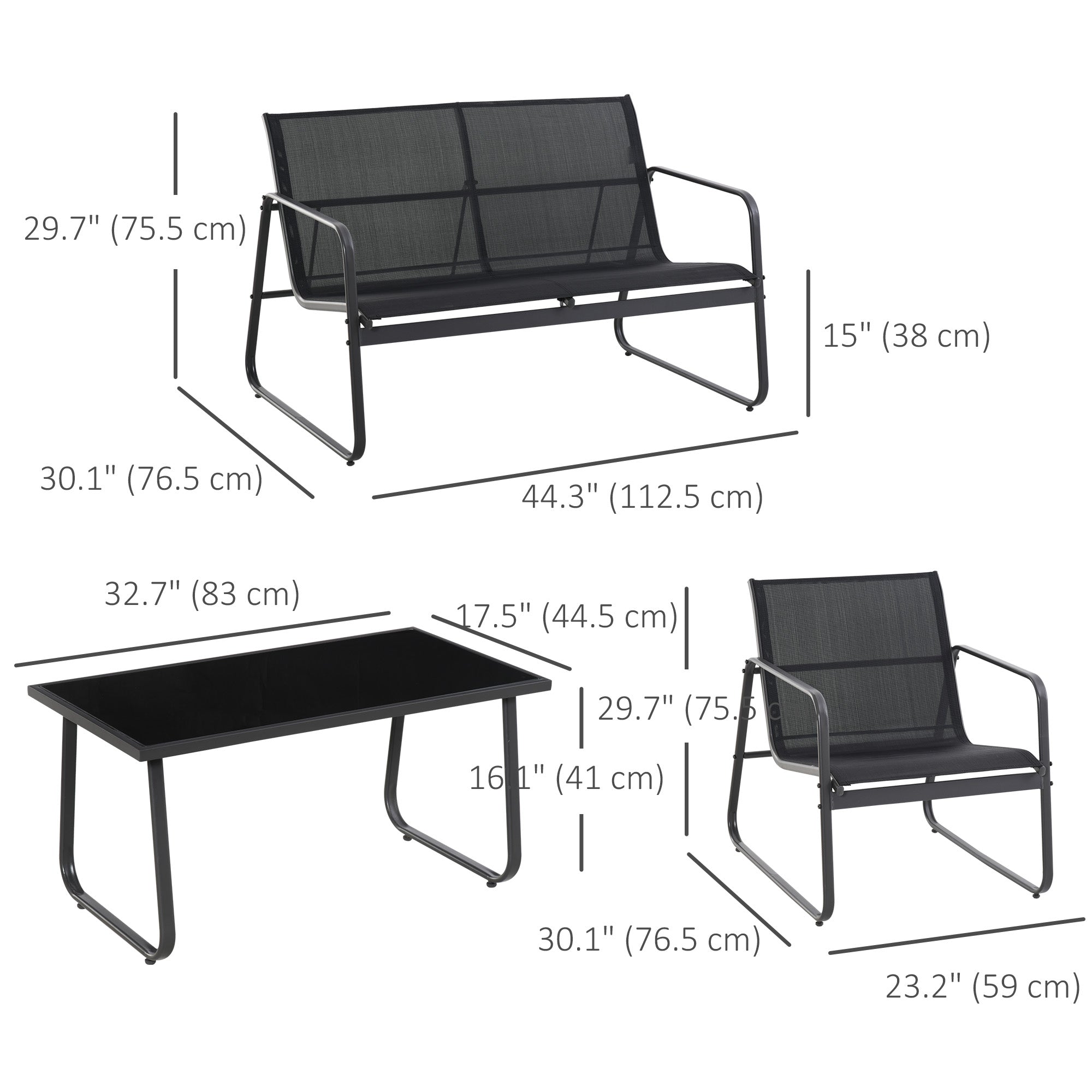 4 Piece Patio Furniture Set, Outdoor Conversation Set with Loveseat Sofa, Armchairs, Glass Top Coffee Table, Black
