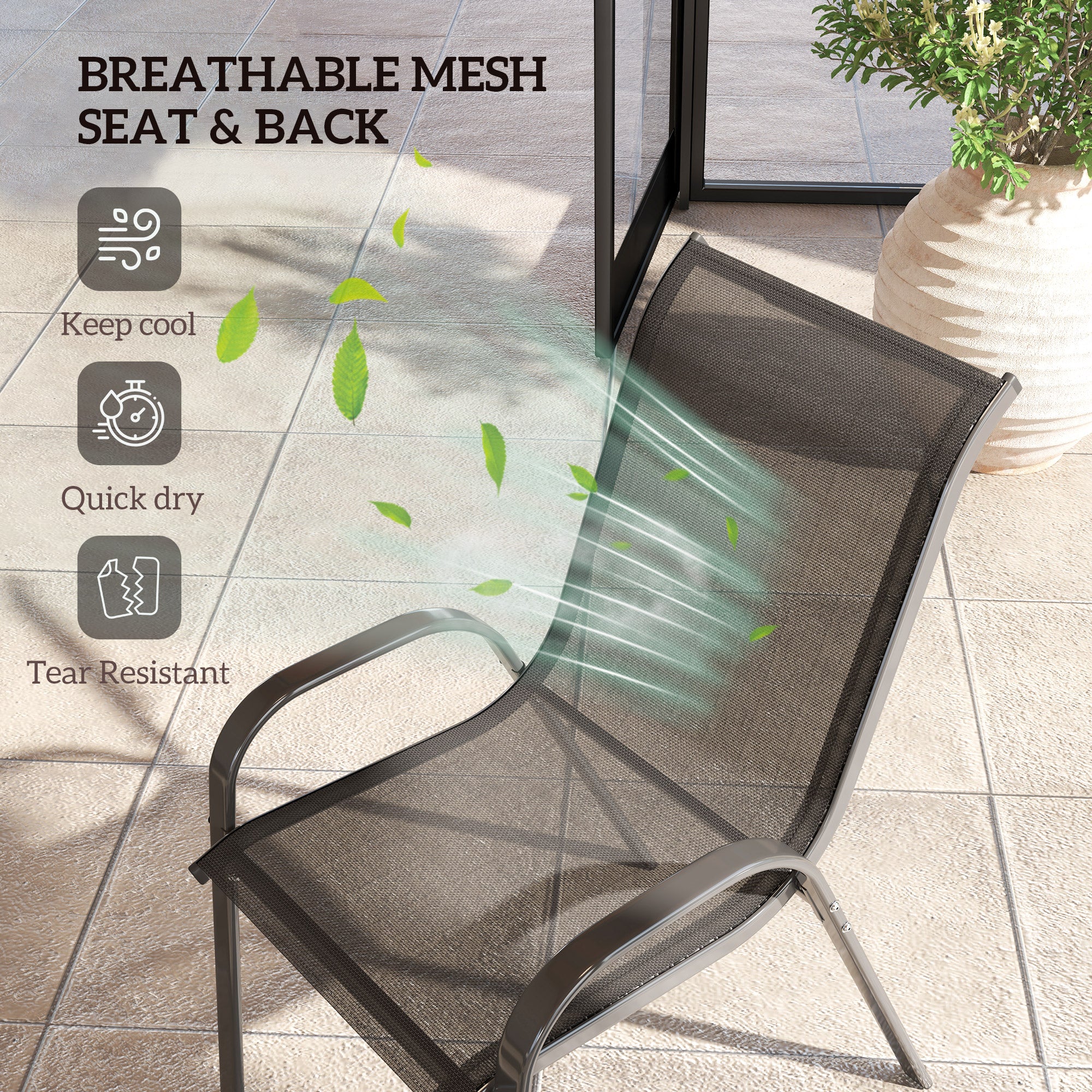 Set of 2 Outdoor Dining Chairs, Stackable Lawn Chairs with High Back, Breathable Mesh Seat for Garden Porch, Black