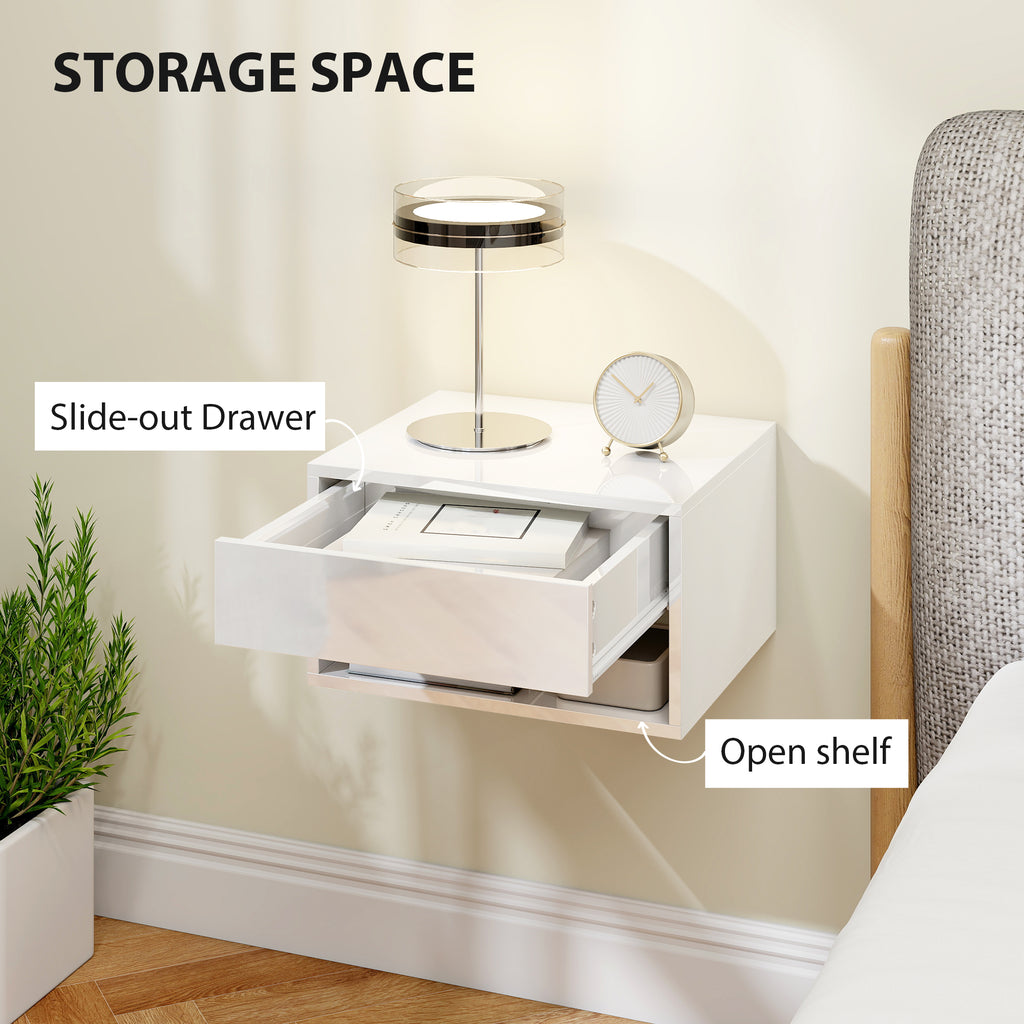 Floating Bedside Tables Set of 2, Wall-Mounted Nightstand, High Gloss White