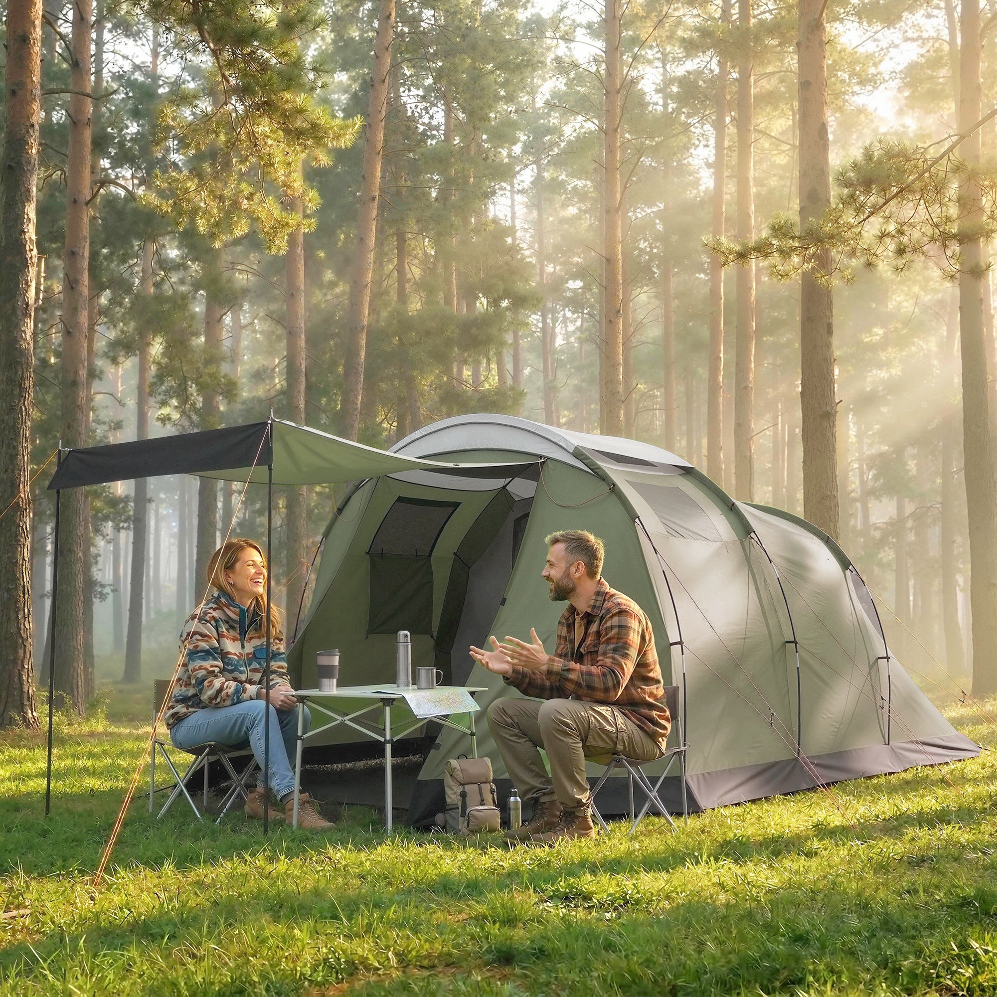 Camping Tent Waterproof Camping Tent with Two Room for 3-4 Person Waterproof, Green