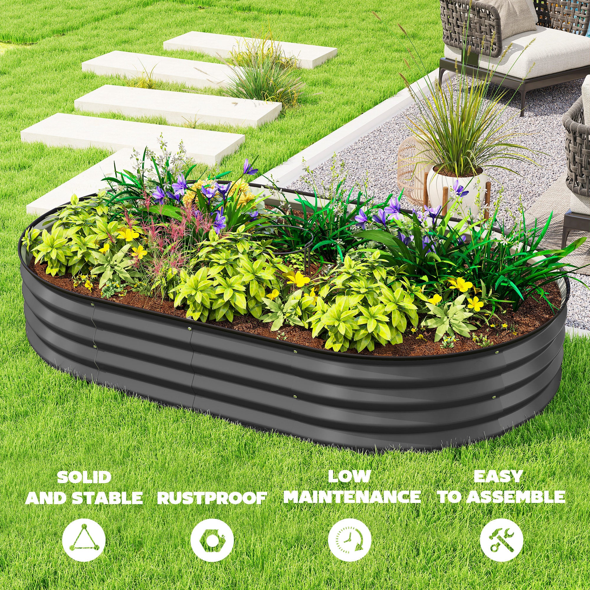 5' x 3' x 1' Large Outdoor Planter Box, Galvanized Raised Garden Bed with Metal Plant Stake, Dark Grey
