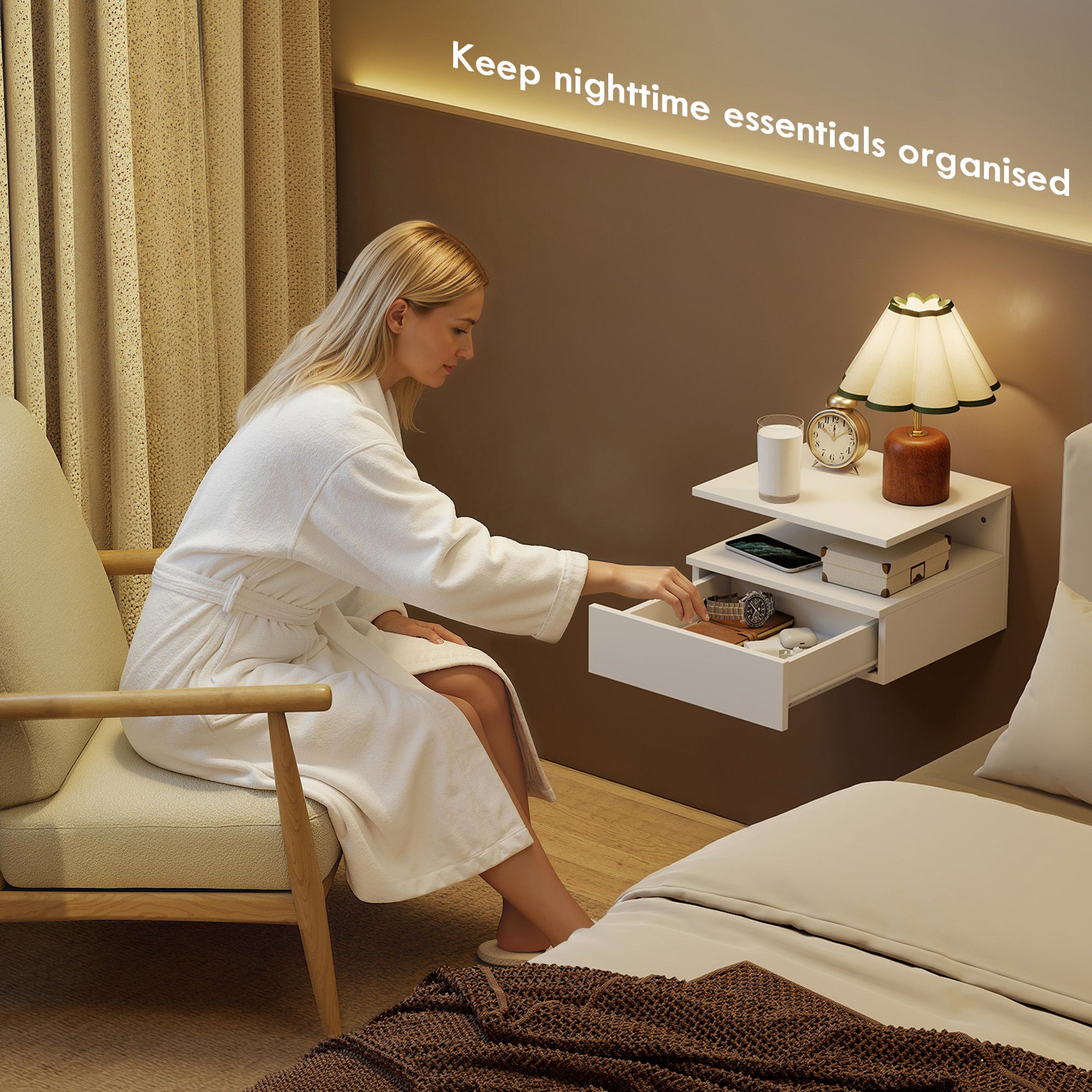 Floating Nightstand Set of 2, Wall Mounted Bedside Table with with Power Outlets, Drawer and Shelf, White